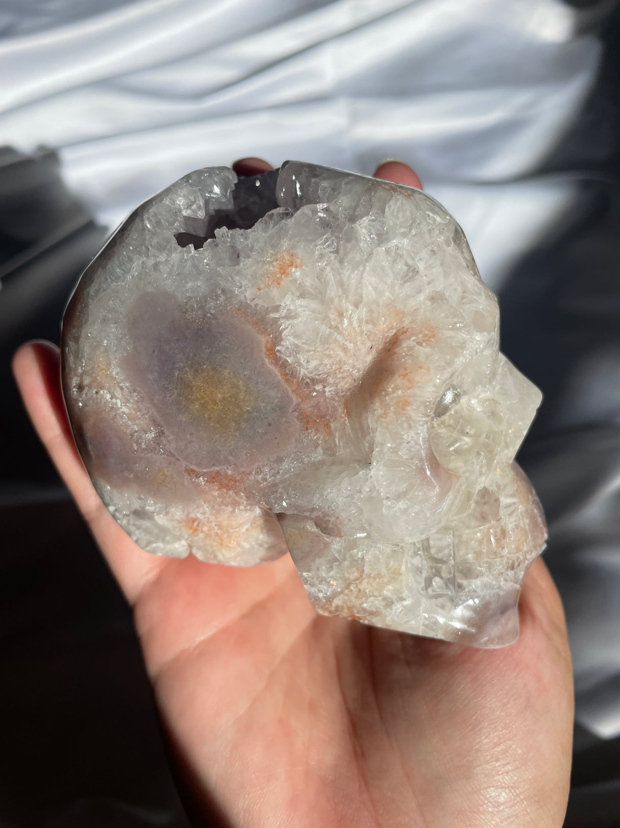 Quartzy Flower Agate Skull with Light Amethyst Cave