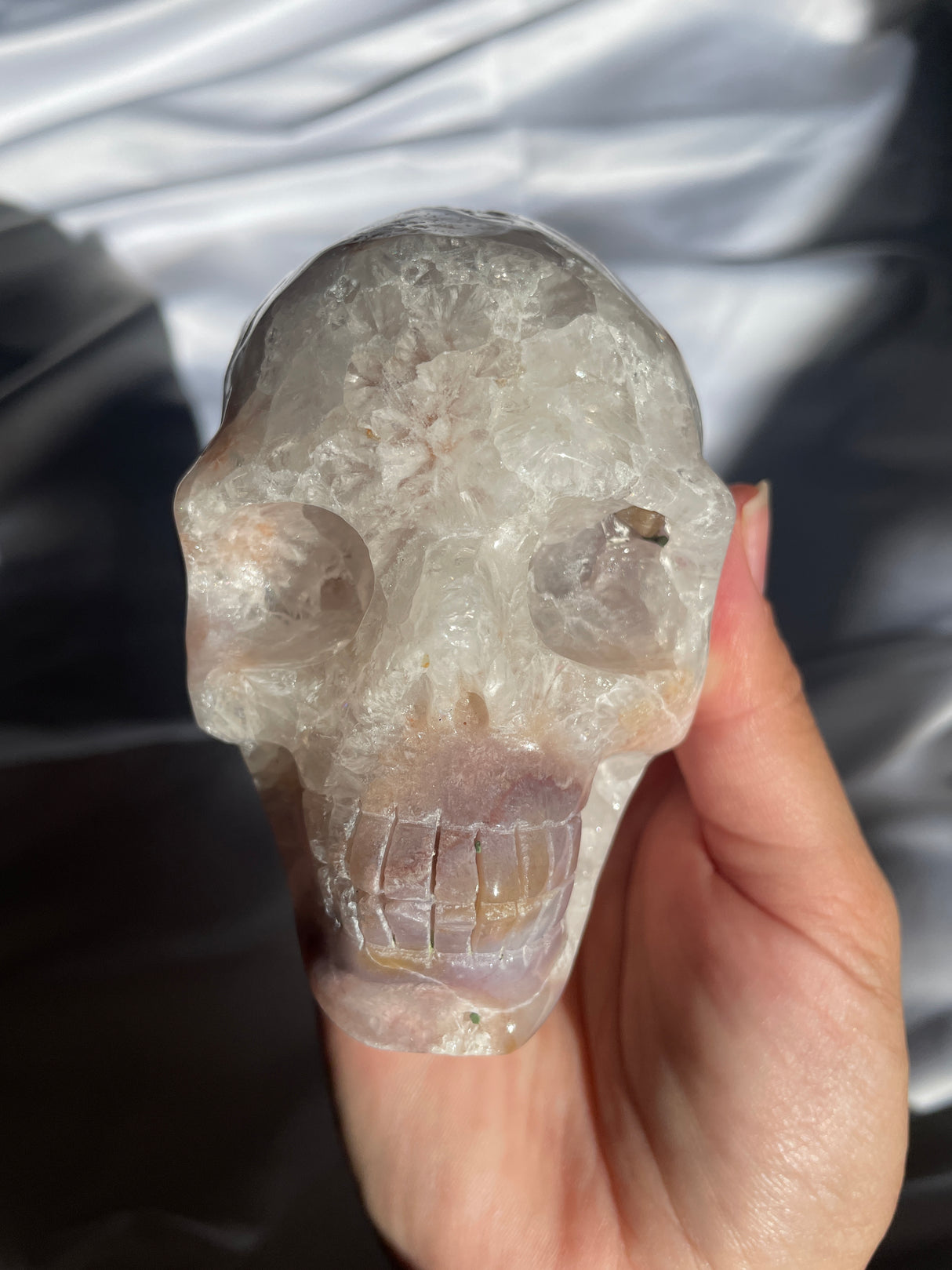 Quartzy Flower Agate Skull with Light Amethyst Cave