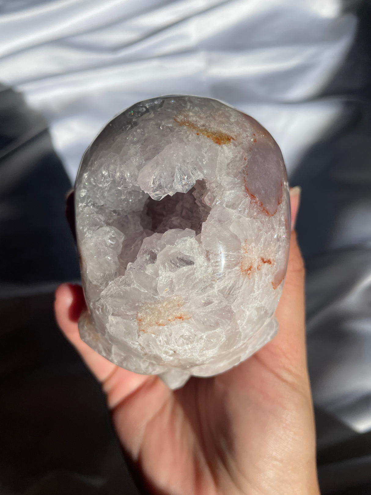 Quartzy Flower Agate Skull with Light Amethyst Cave
