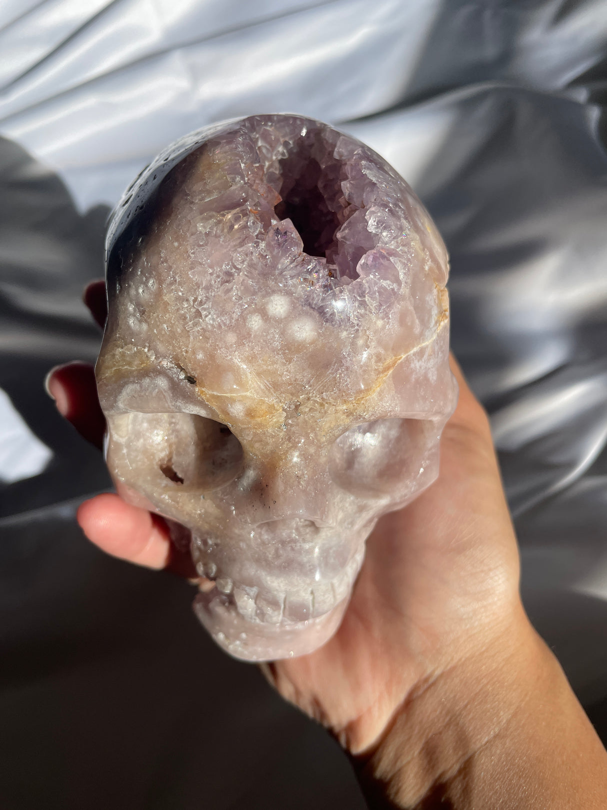 Pink Amethyst x Flower Agate Skull with Amethyst Cave