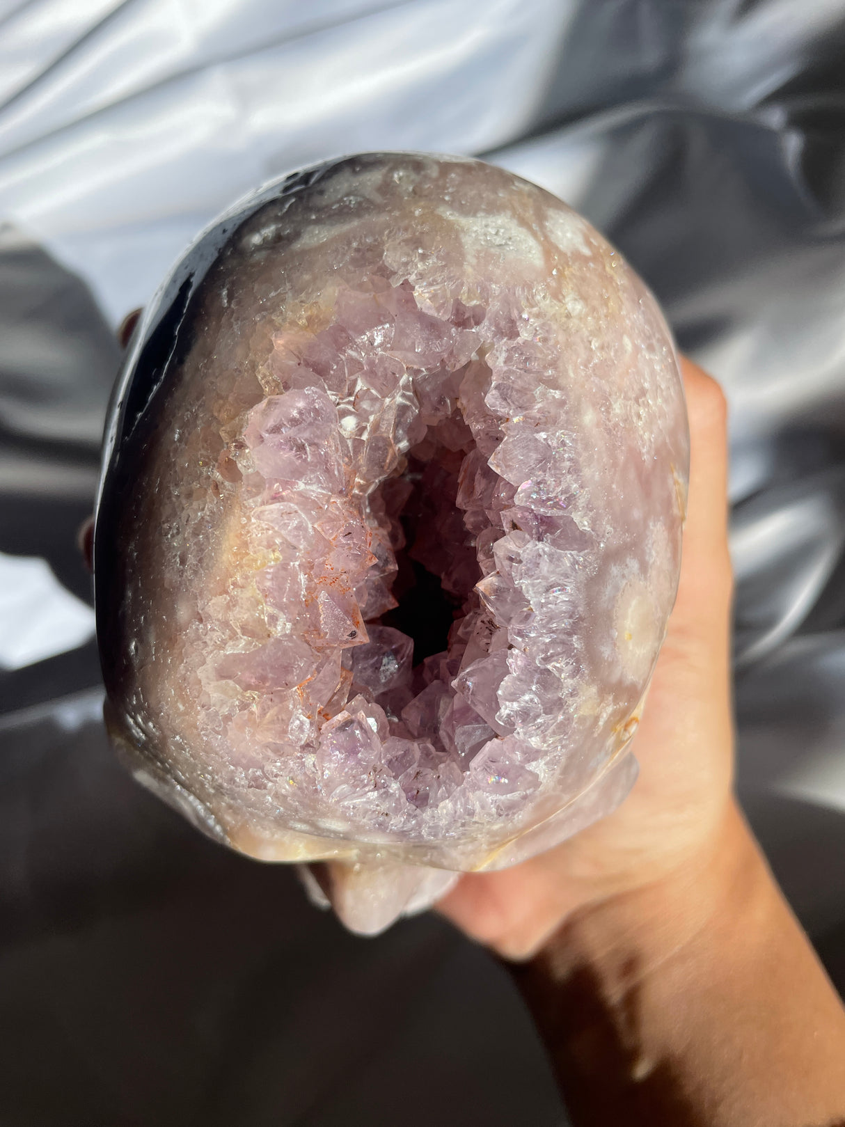 Pink Amethyst x Flower Agate Skull with Amethyst Cave