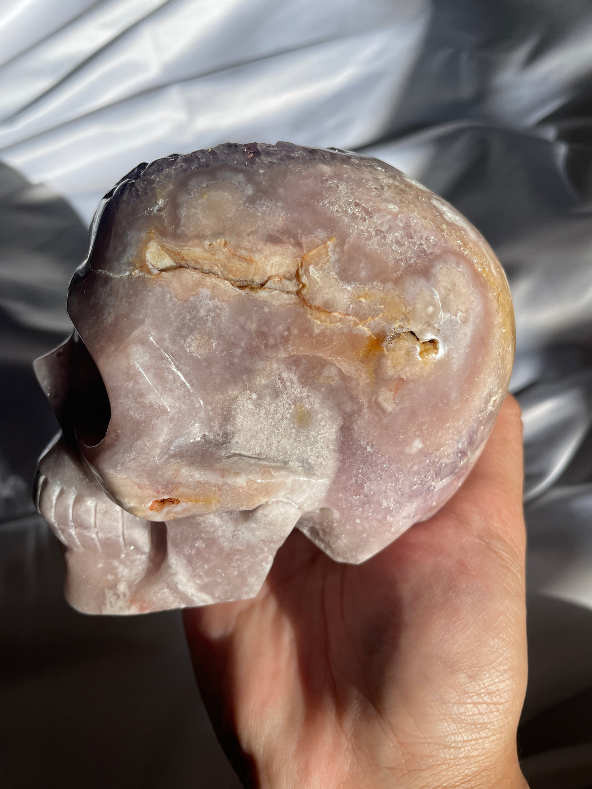 Pink Amethyst x Flower Agate Skull with Amethyst Cave