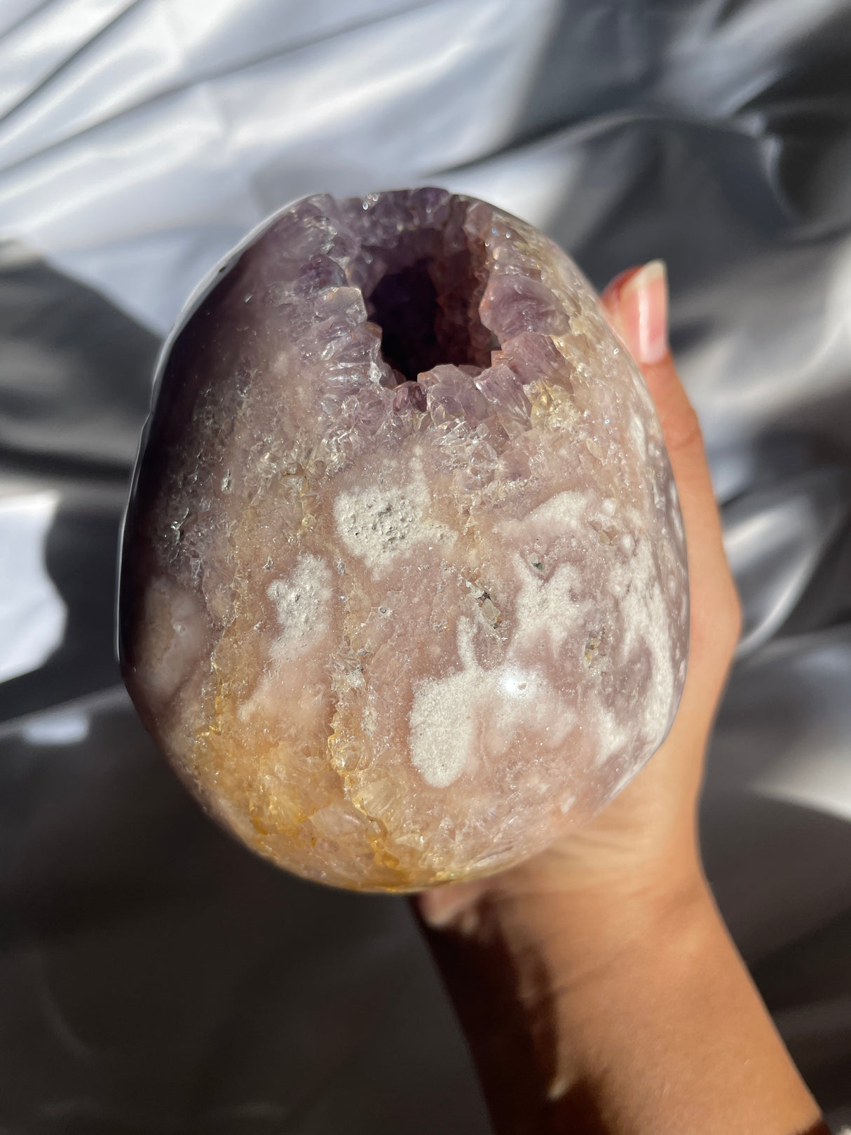 Pink Amethyst x Flower Agate Skull with Amethyst Cave