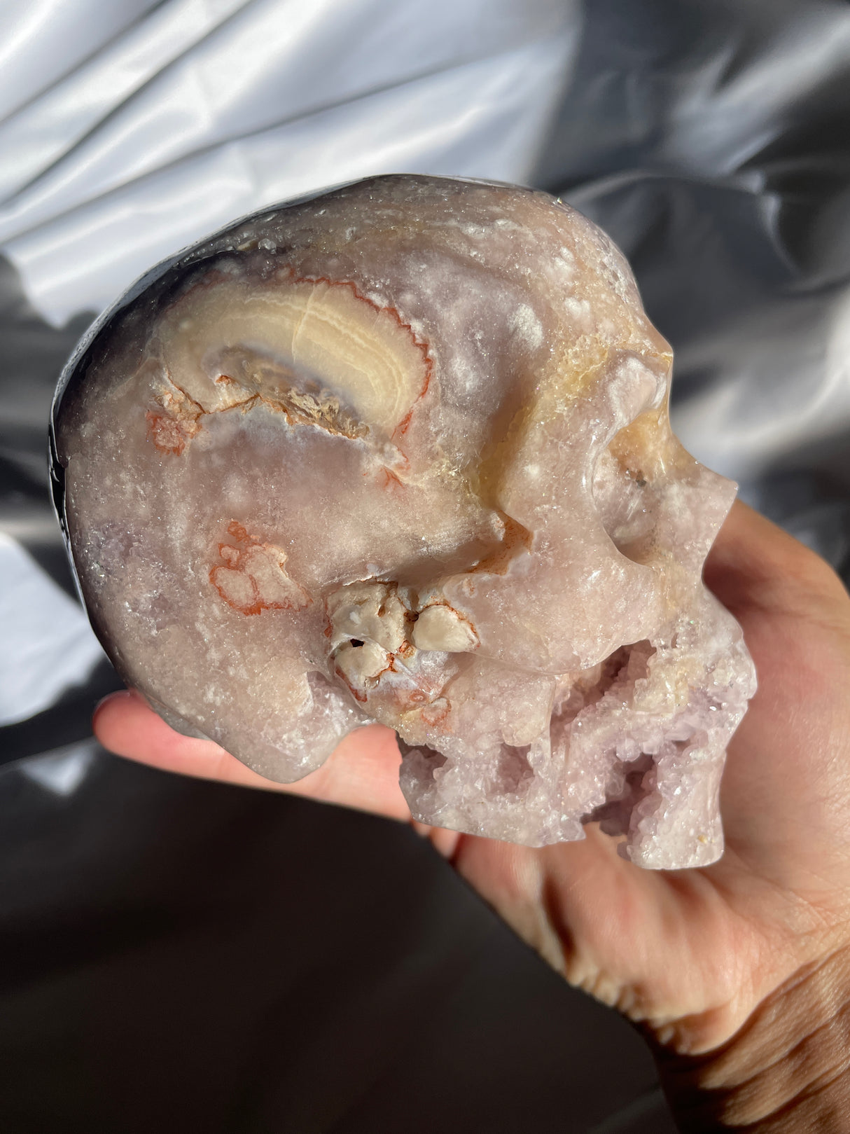 Pink Amethyst x Flower Agate Skull with Amethyst Cave