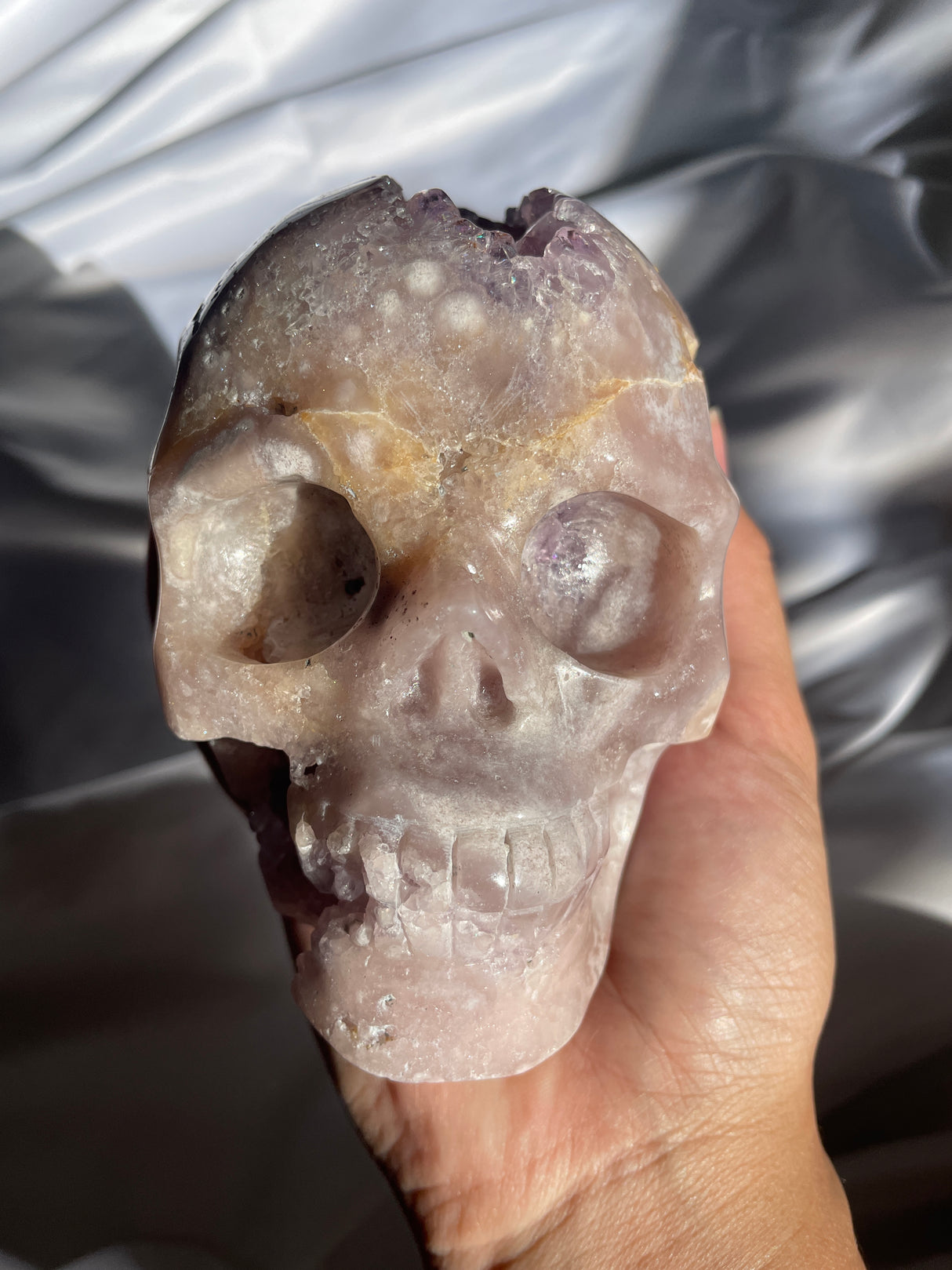 Pink Amethyst x Flower Agate Skull with Amethyst Cave