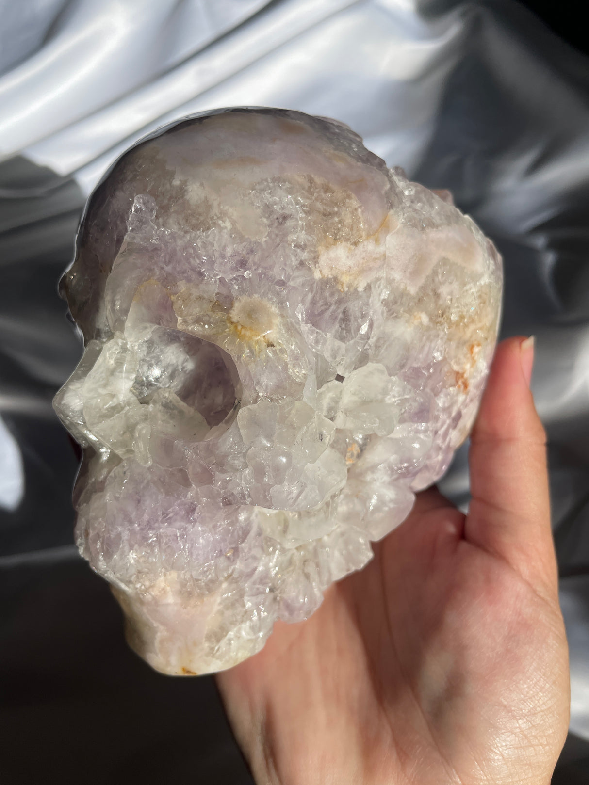 Lavender Amethyst Flower Agate Skull with Amethyst Cave