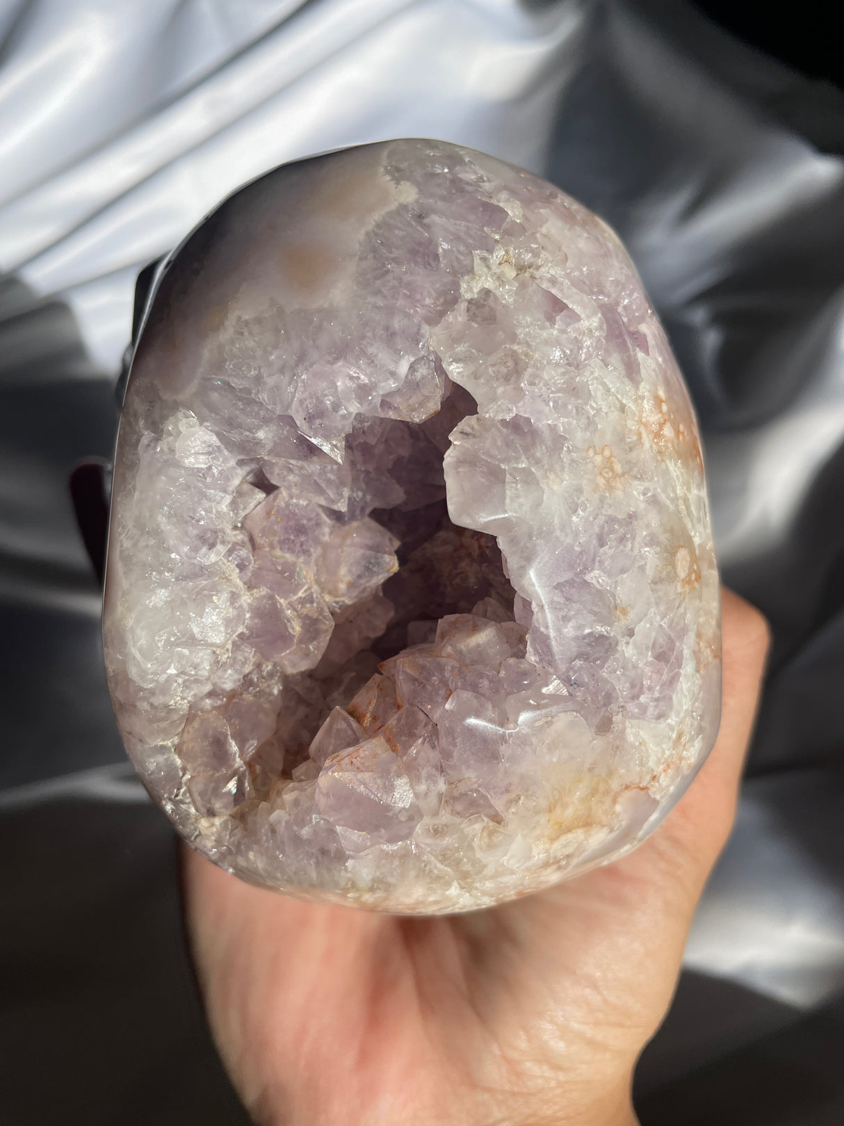 Lavender Amethyst Flower Agate Skull with Amethyst Cave
