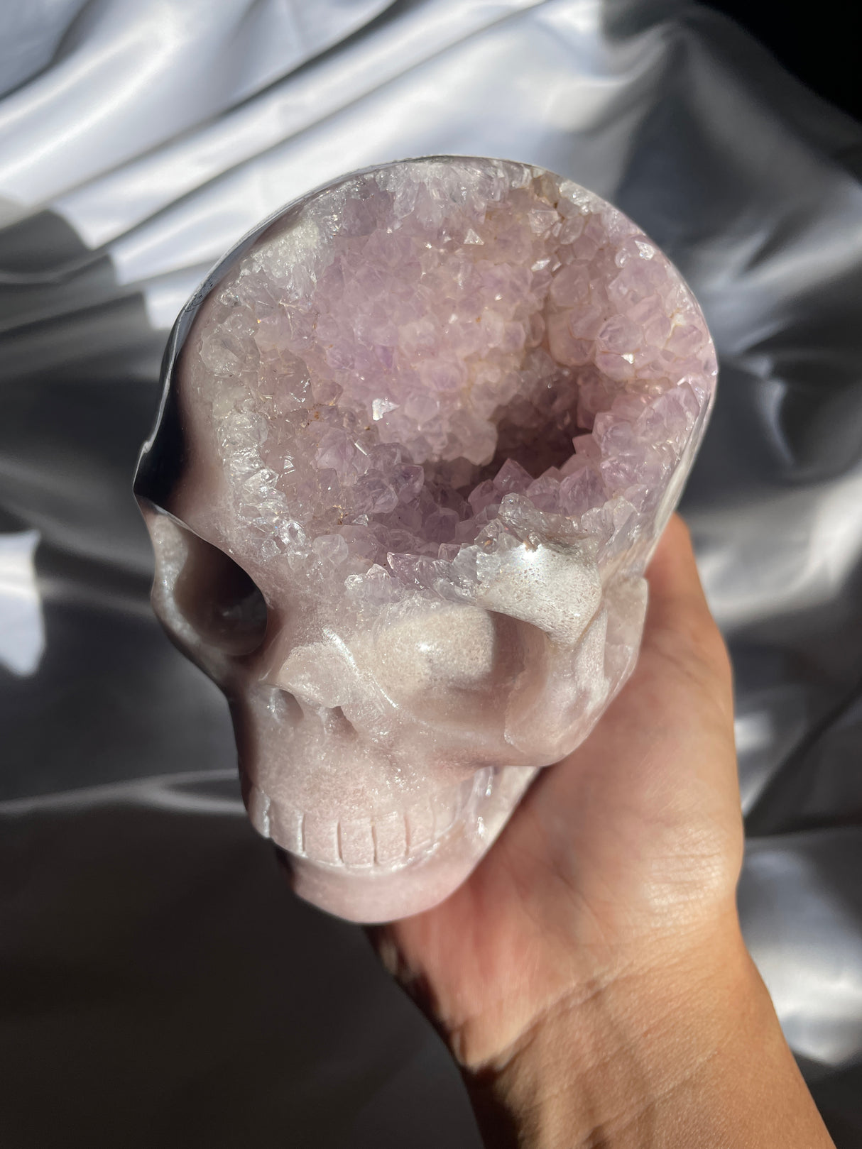 Pink Amethyst x Flower Agate Skull with Amethyst Cave