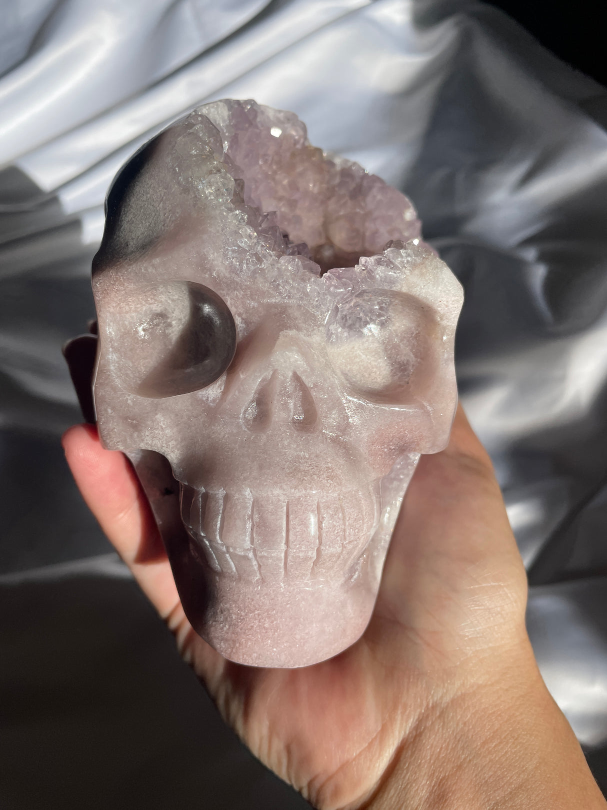 Pink Amethyst x Flower Agate Skull with Amethyst Cave