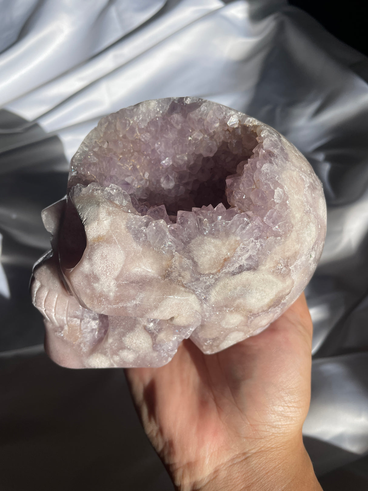 Pink Amethyst x Flower Agate Skull with Amethyst Cave