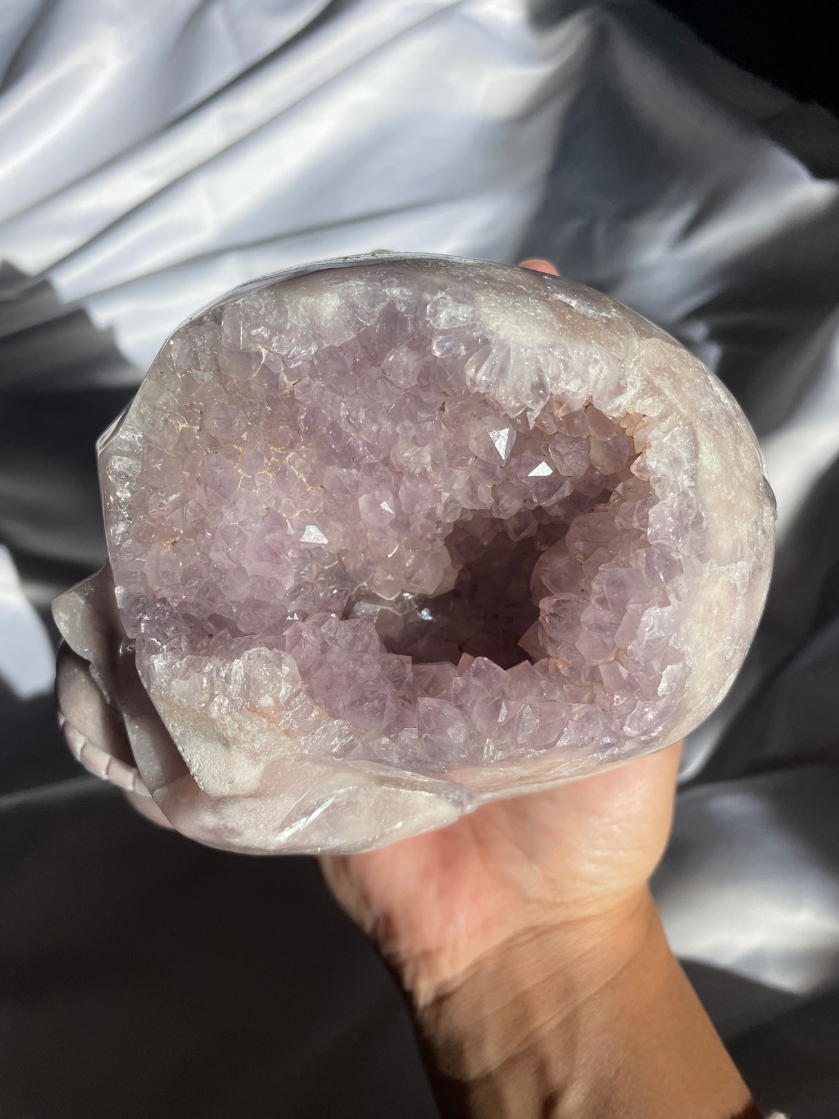 Pink Amethyst x Flower Agate Skull with Amethyst Cave