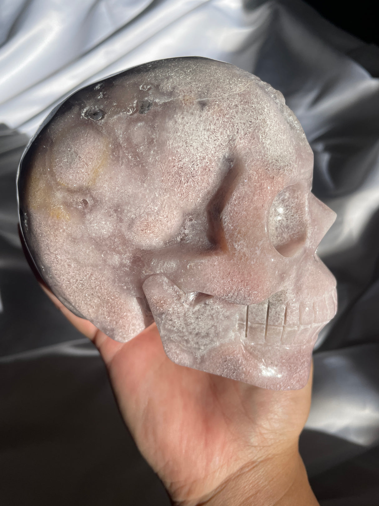 Pink Amethyst x Flower Agate Skull with Amethyst Cave