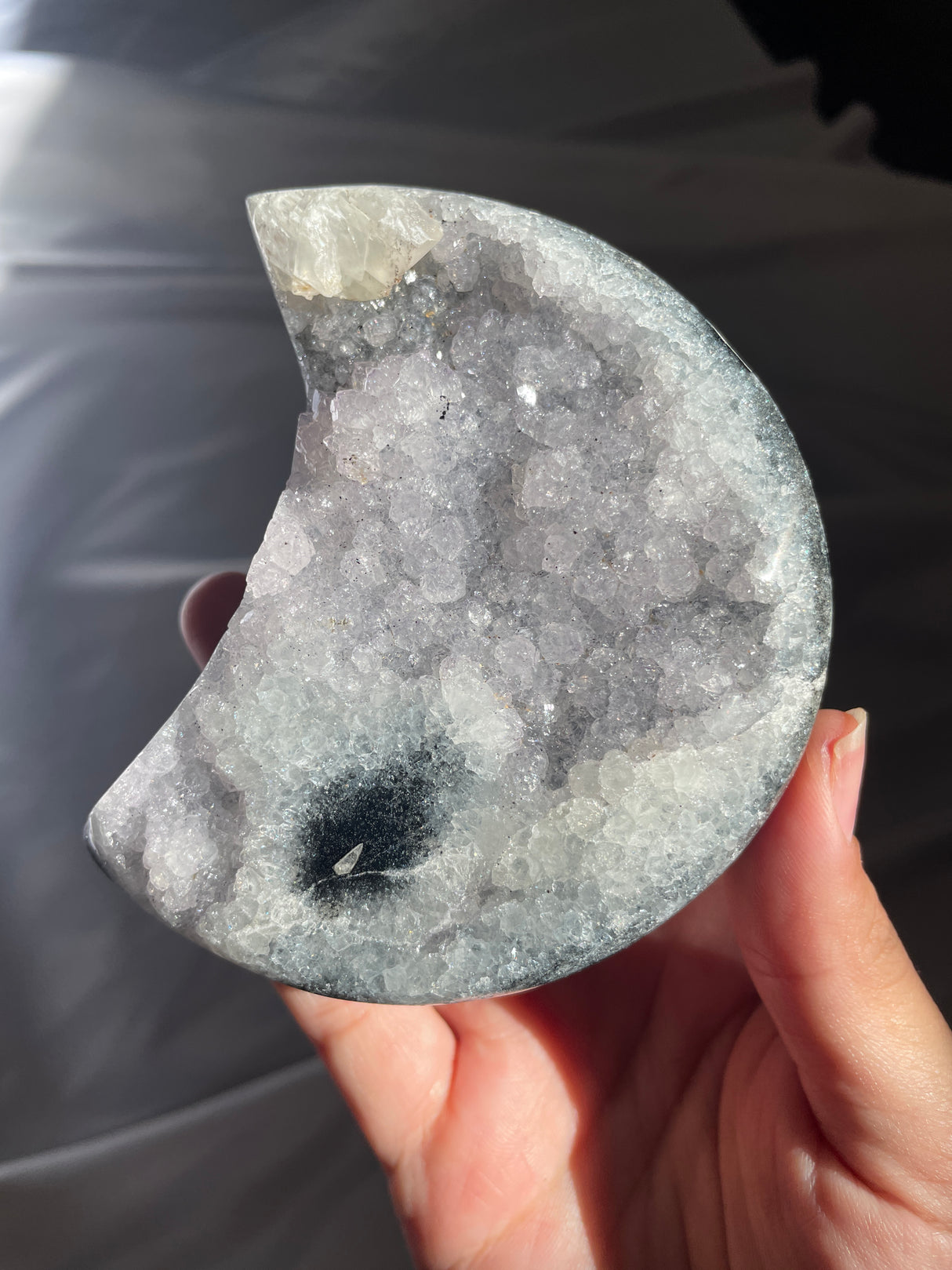 Icey Silver Uruguayan Amethyst Moon with Calcite Formation