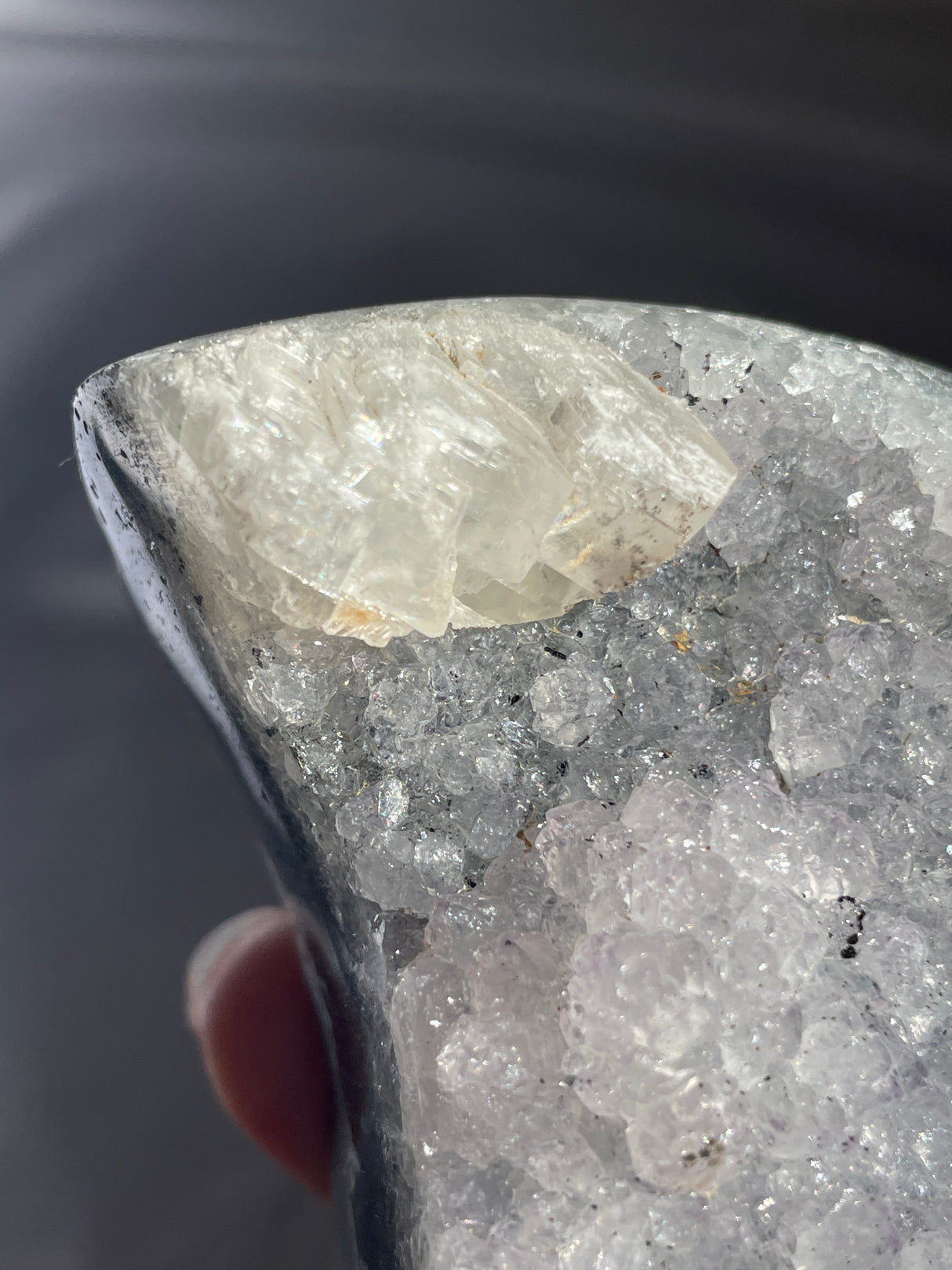 Icey Silver Uruguayan Amethyst Moon with Calcite Formation