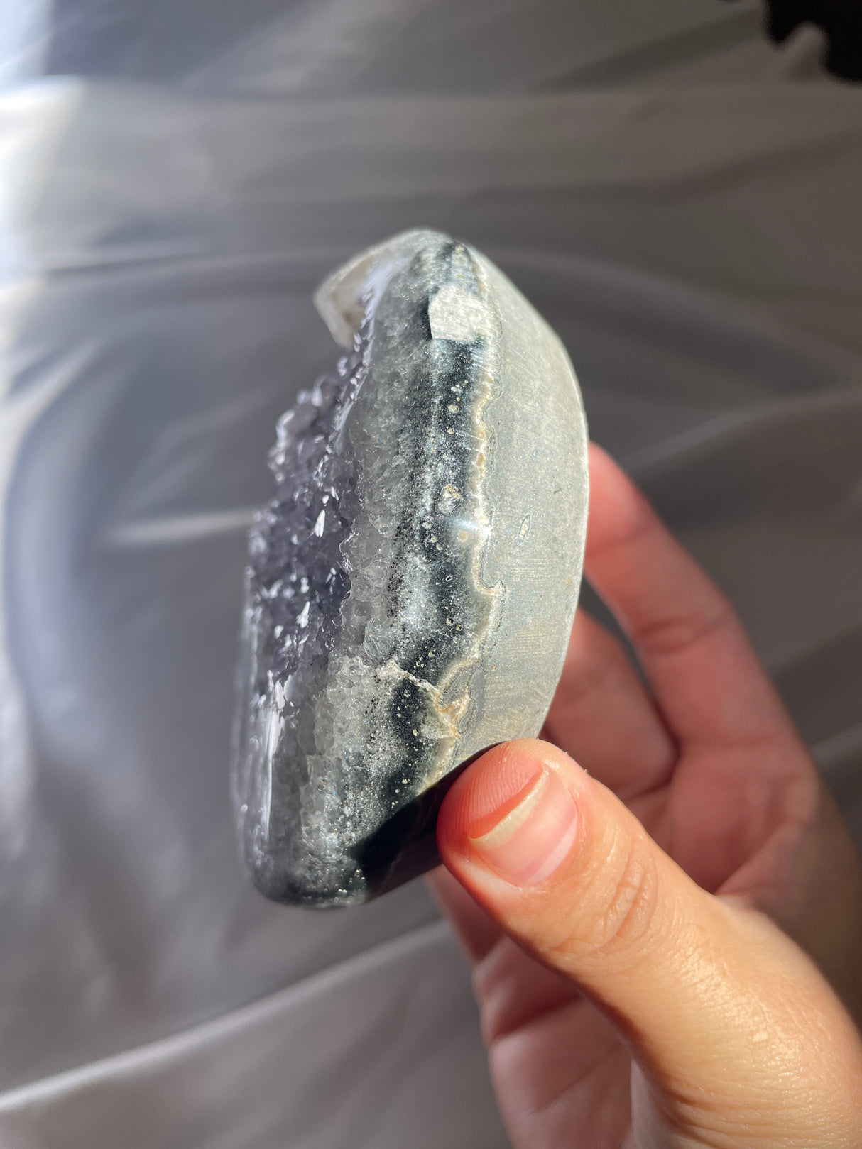 Icey Silver Uruguayan Amethyst Moon with Calcite Formation