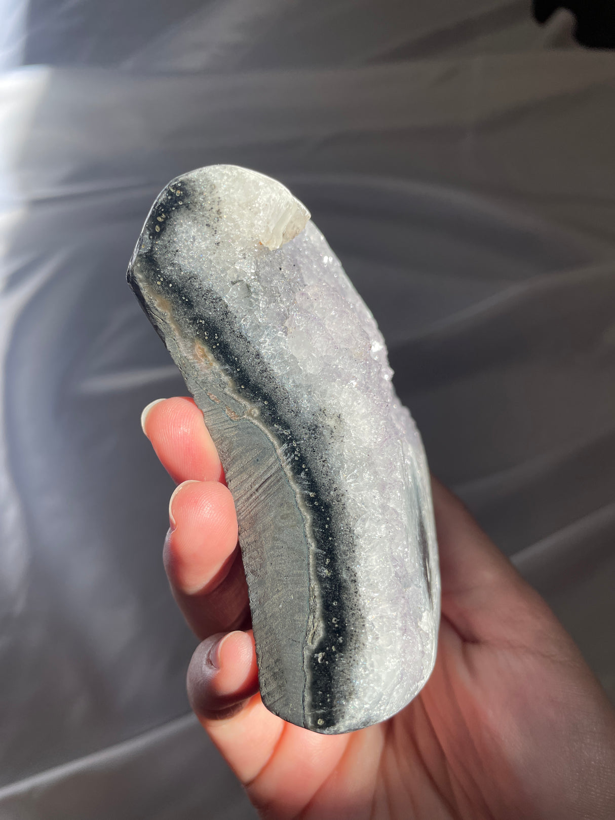 Icey Silver Uruguayan Amethyst Moon with Calcite Formation