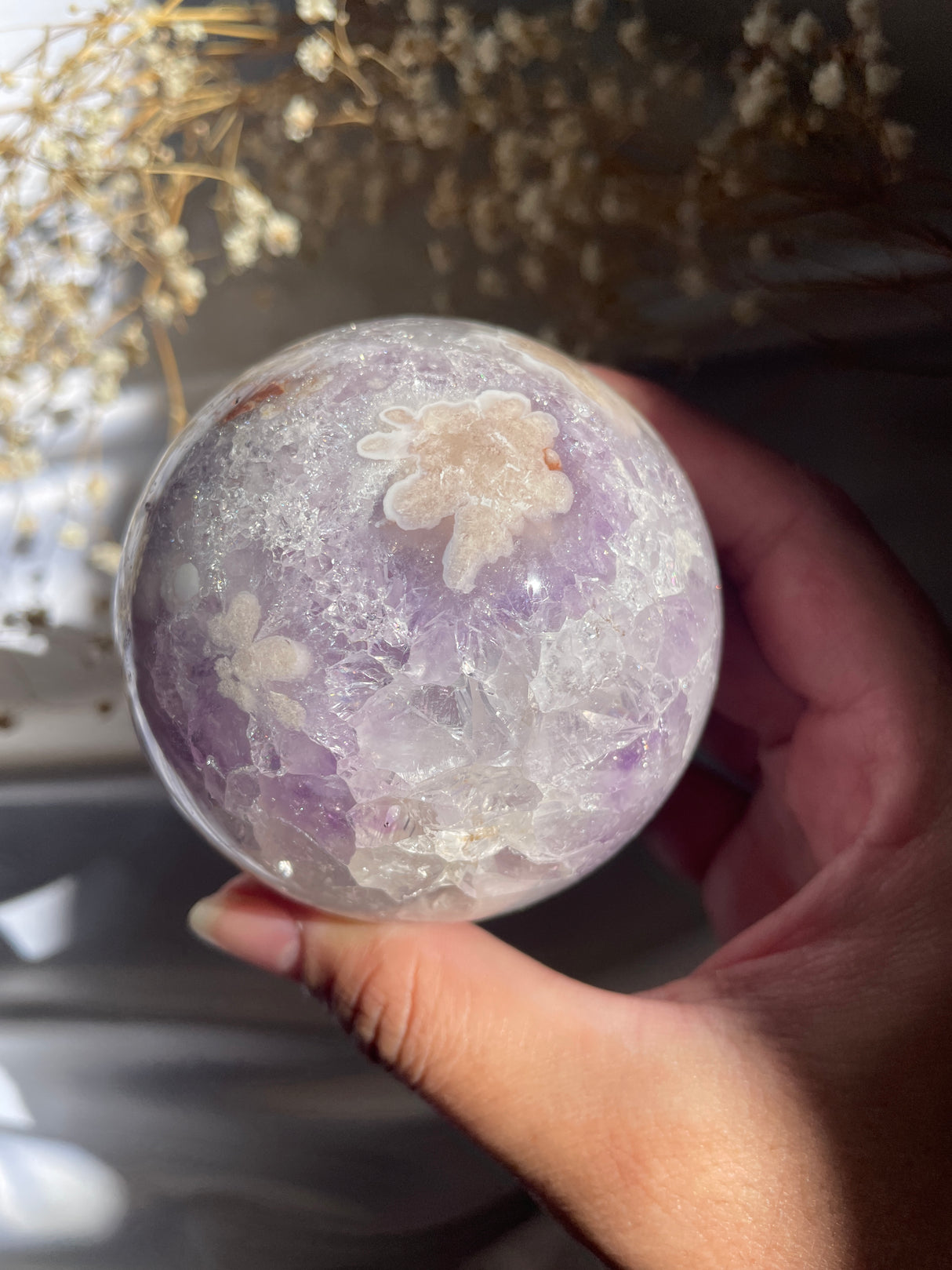 Quartzy Flower Agate Sphere with Amethyst