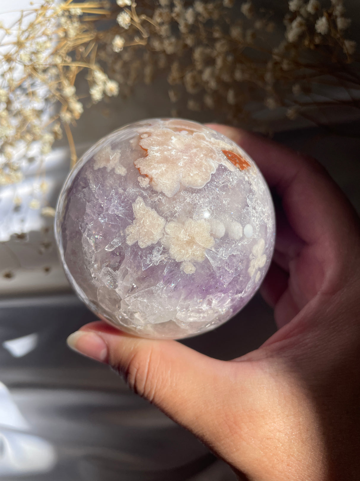 Quartzy Flower Agate Sphere with Amethyst