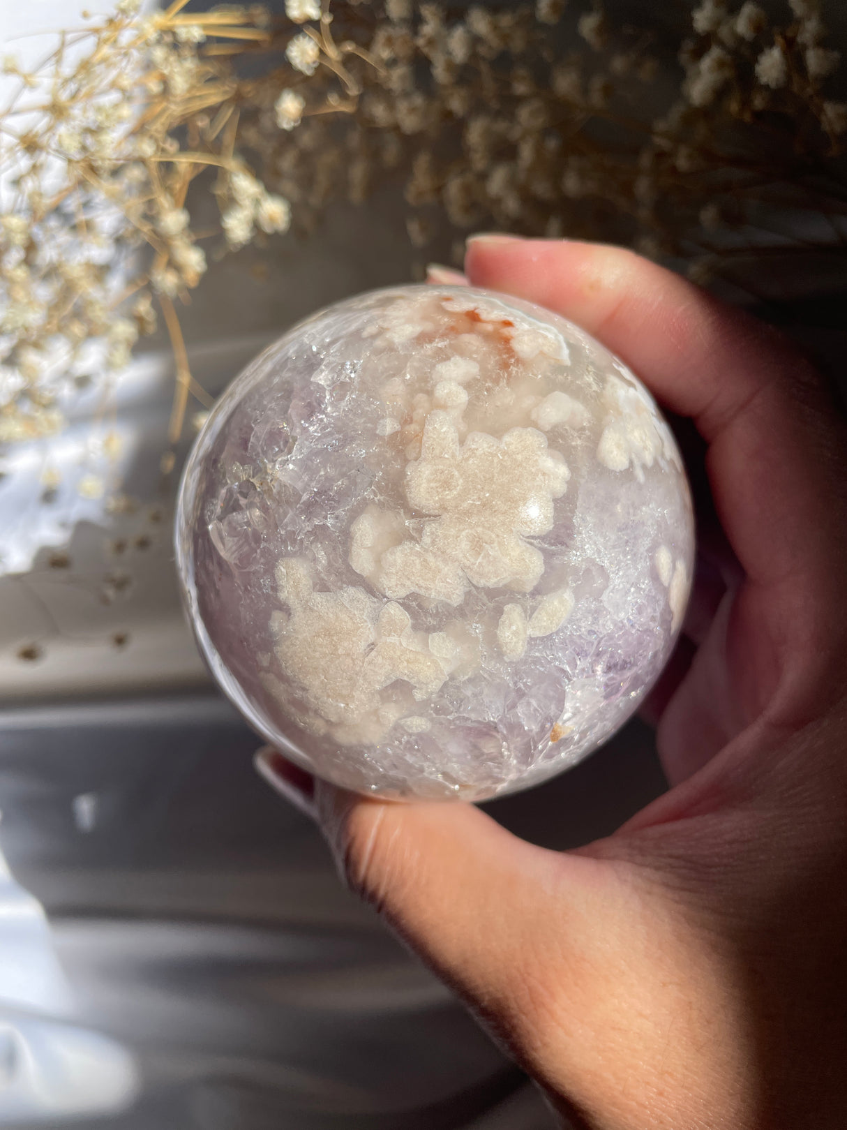 Quartzy Flower Agate Sphere with Amethyst