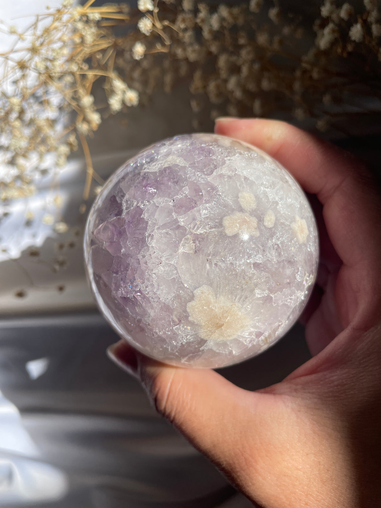Quartzy Flower Agate Sphere with Amethyst