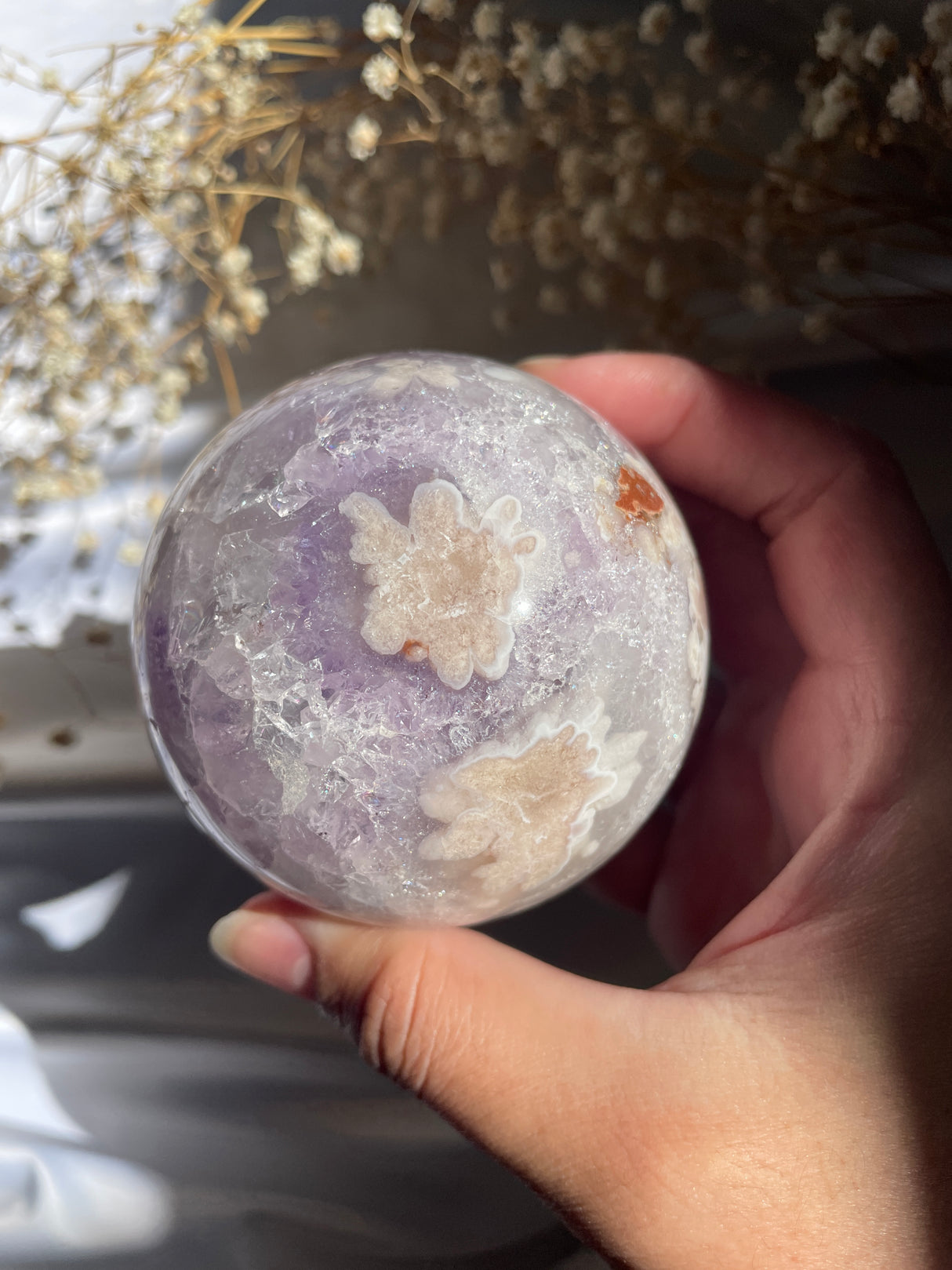 Quartzy Flower Agate Sphere with Amethyst