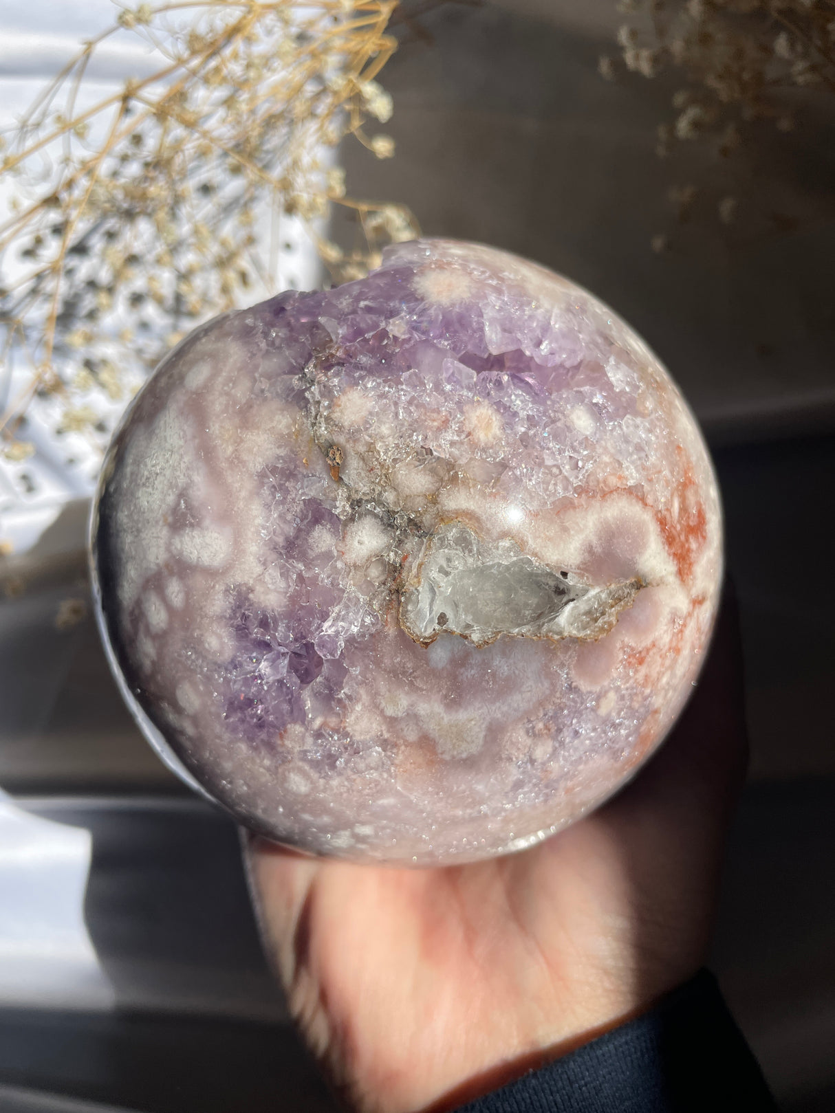 Large Flower Agate x Amethyst Sphere
