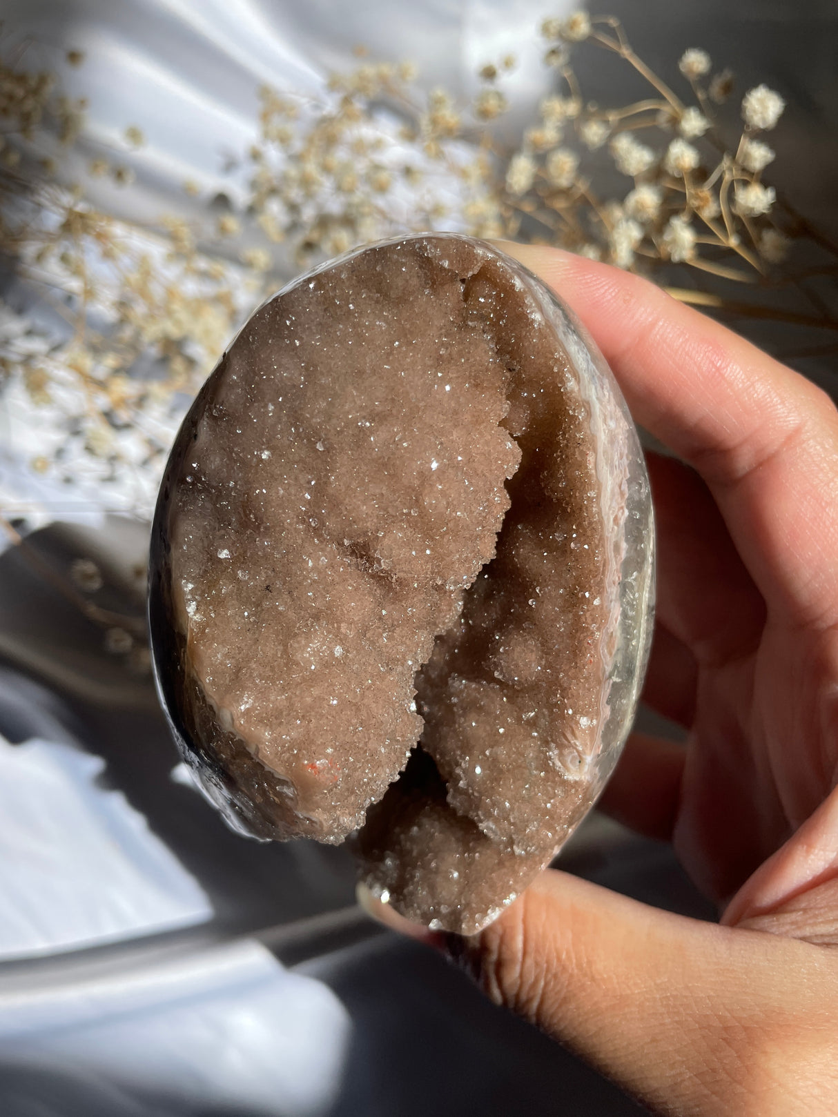 Sugar Druzy Mocha Rainbow Uruguayan Amethyst Cut Base