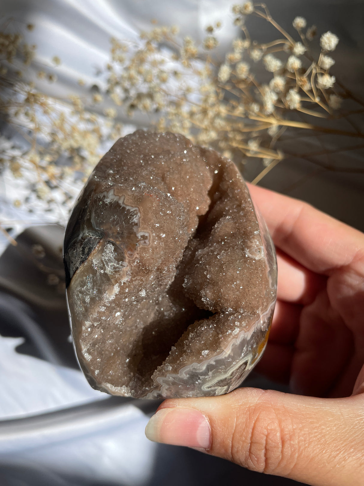 Sugar Druzy Mocha Rainbow Uruguayan Amethyst Cut Base