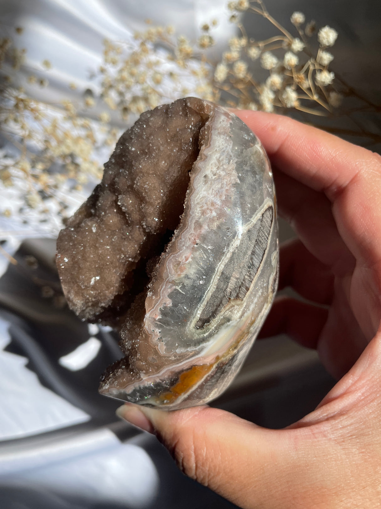 Sugar Druzy Mocha Rainbow Uruguayan Amethyst Cut Base