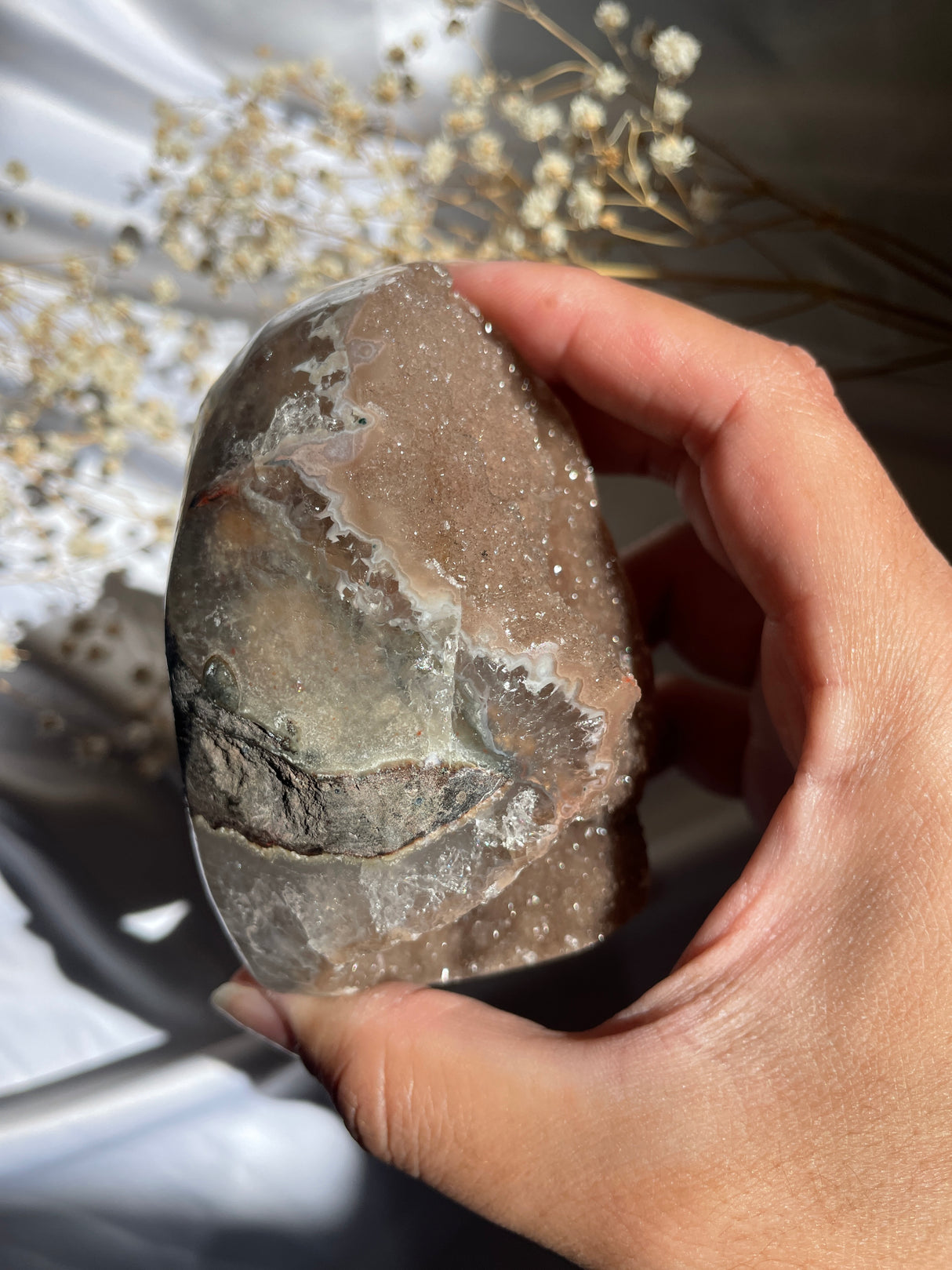 Sugar Druzy Mocha Rainbow Uruguayan Amethyst Cut Base