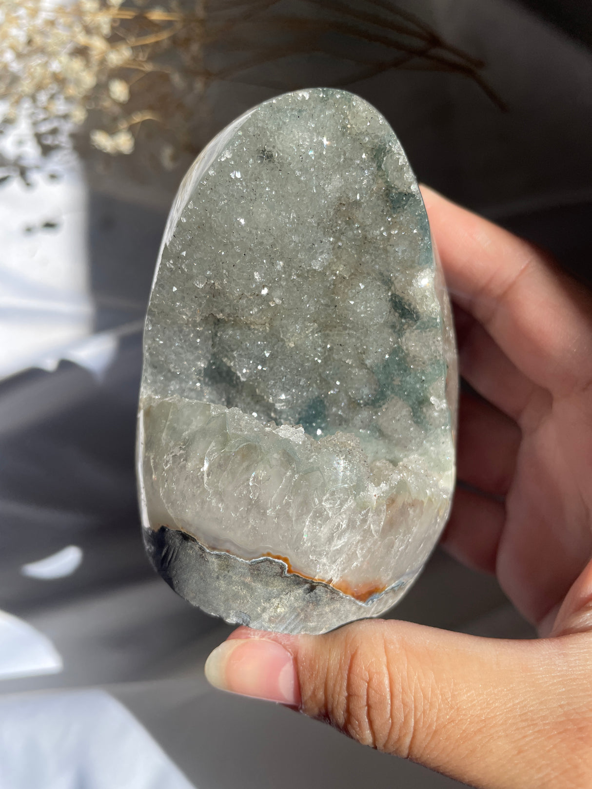 Green Sugar Druzy Rainbow Uruguayan Amethyst Cut Base