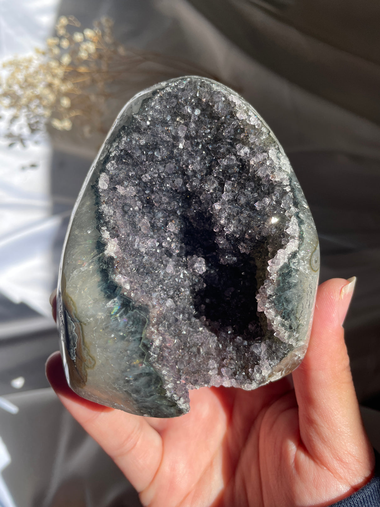 Midnight Rainbow Uruguayan Amethyst Cut Base with Emerald Banding