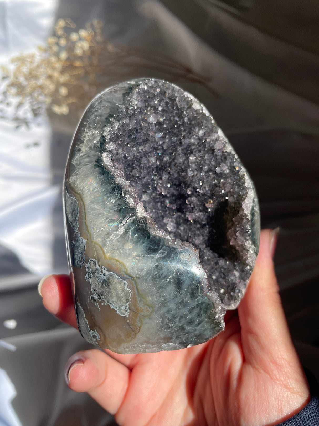 Midnight Rainbow Uruguayan Amethyst Cut Base with Emerald Banding