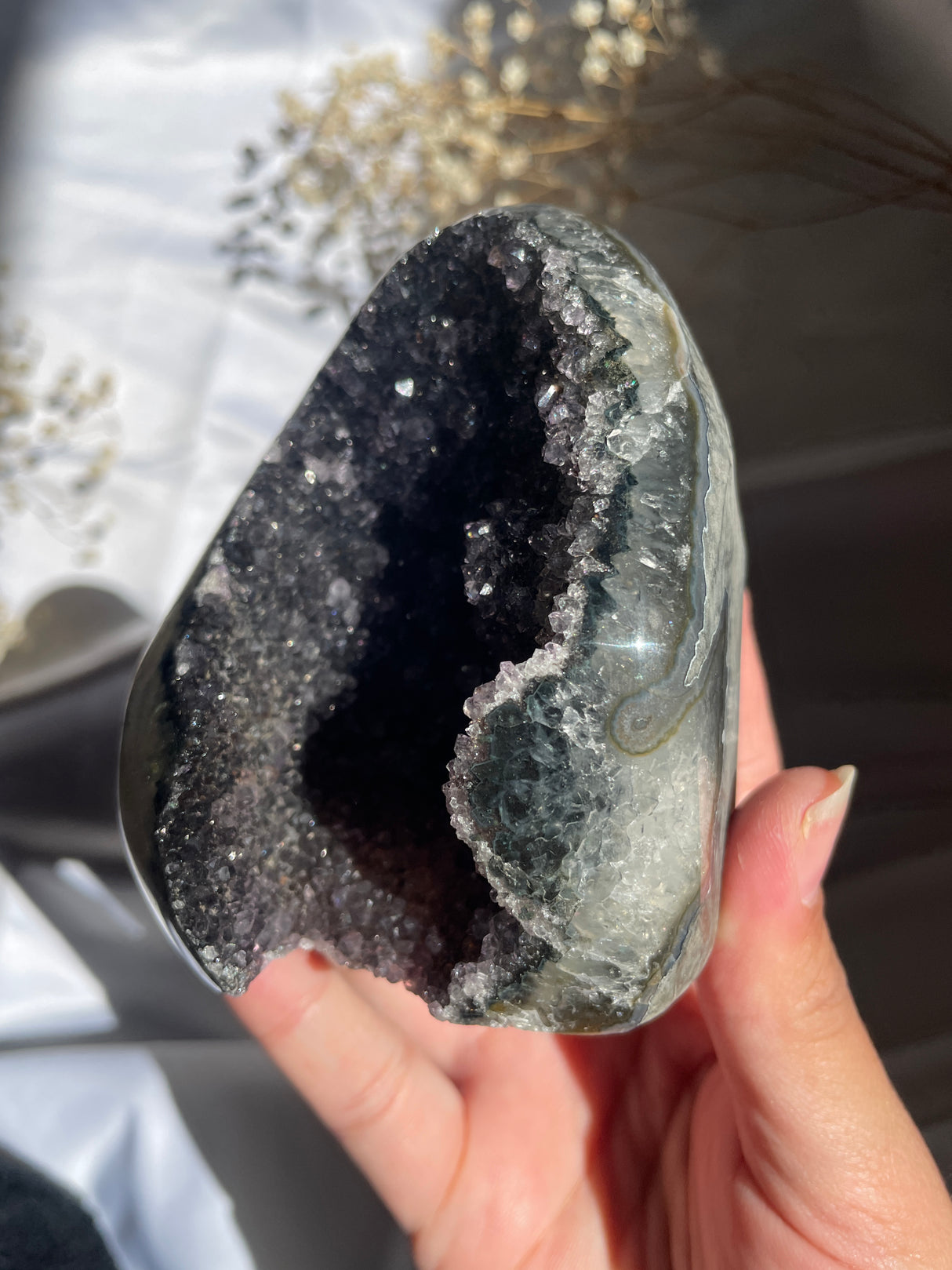 Midnight Rainbow Uruguayan Amethyst Cut Base with Emerald Banding