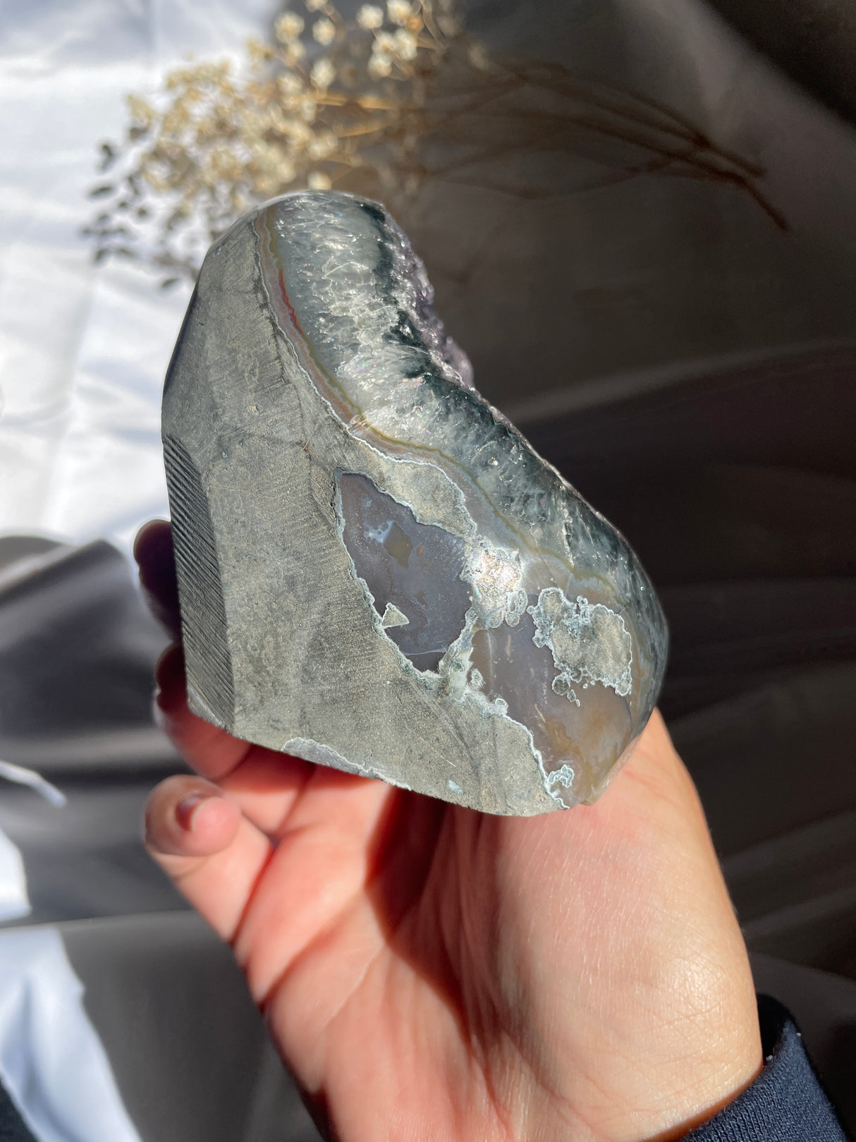 Midnight Rainbow Uruguayan Amethyst Cut Base with Emerald Banding