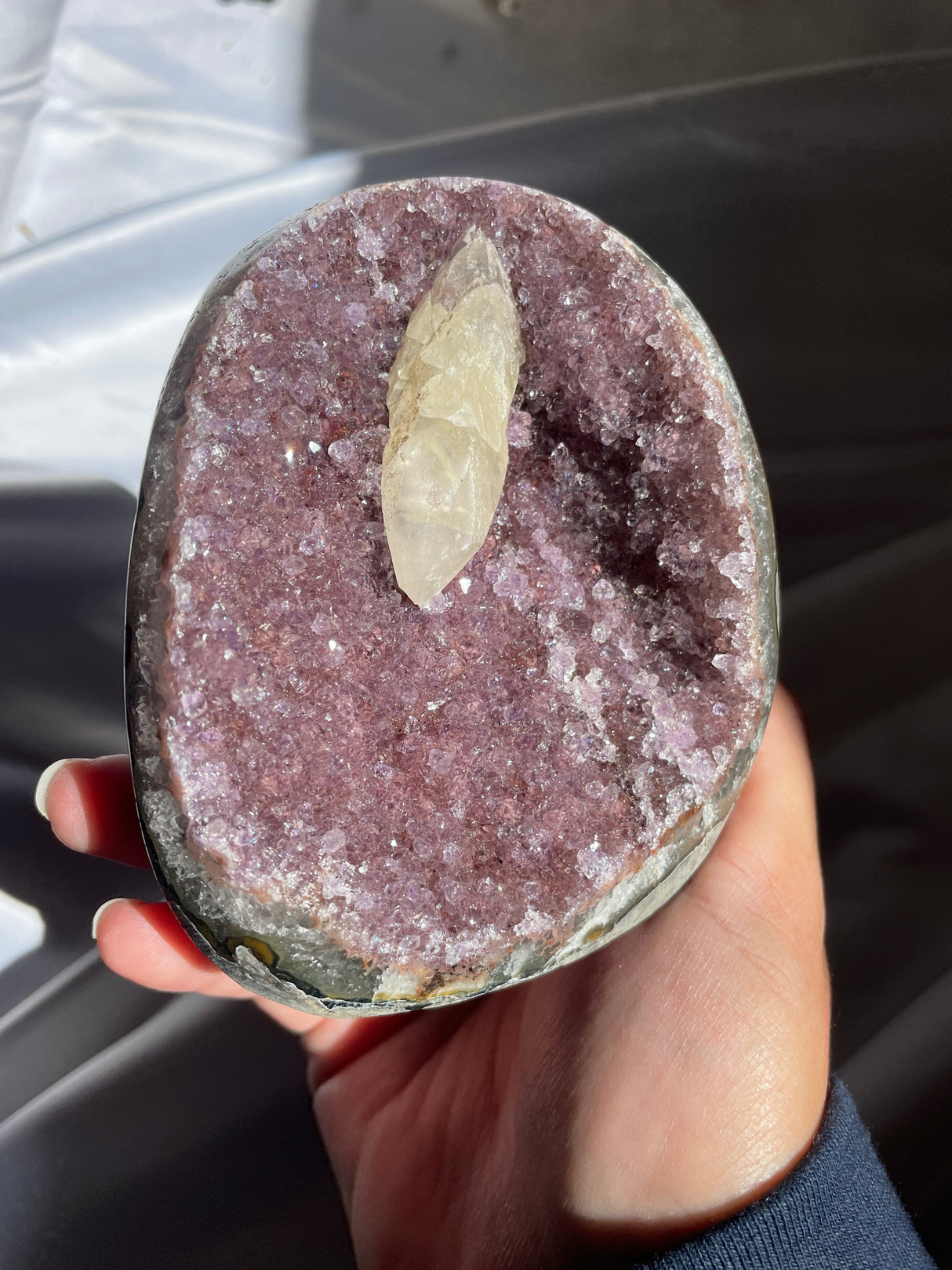 Purple Druzy Rainbow Uruguayan Amethyst Cut Base with Calcite Inclusion