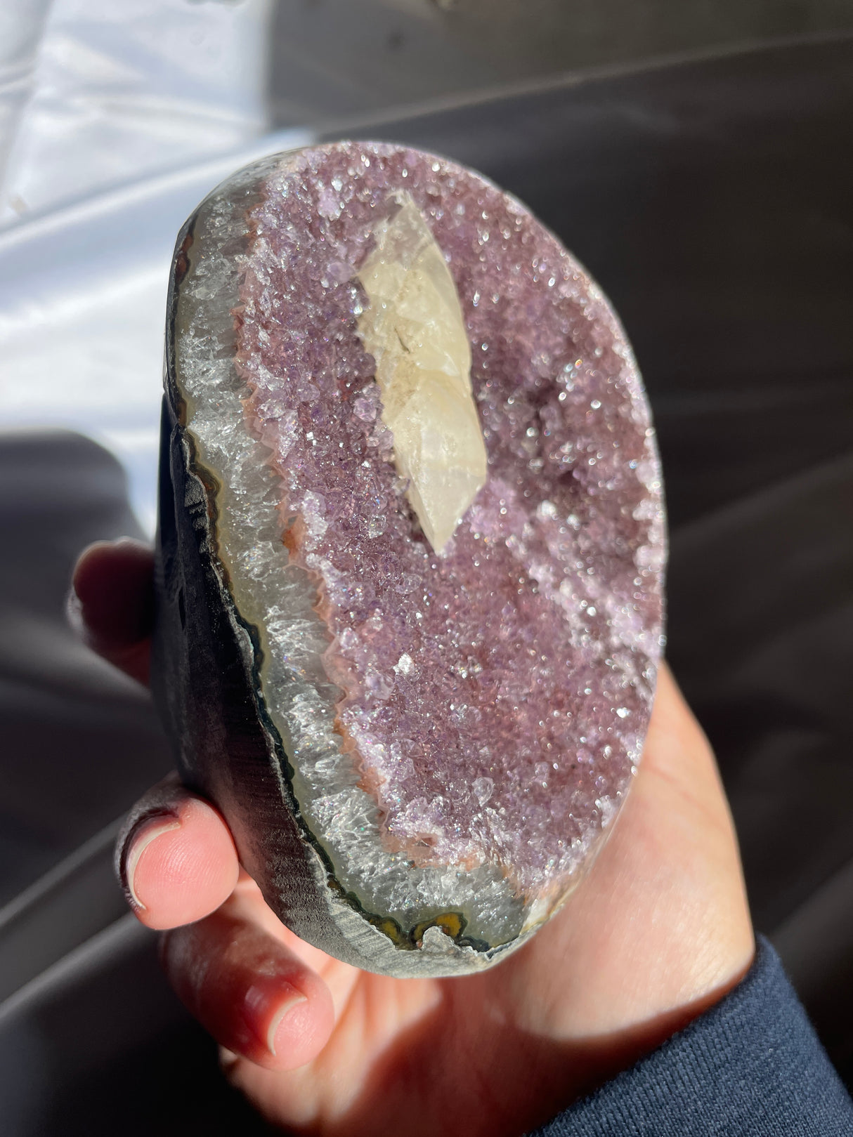 Purple Druzy Rainbow Uruguayan Amethyst Cut Base with Calcite Inclusion