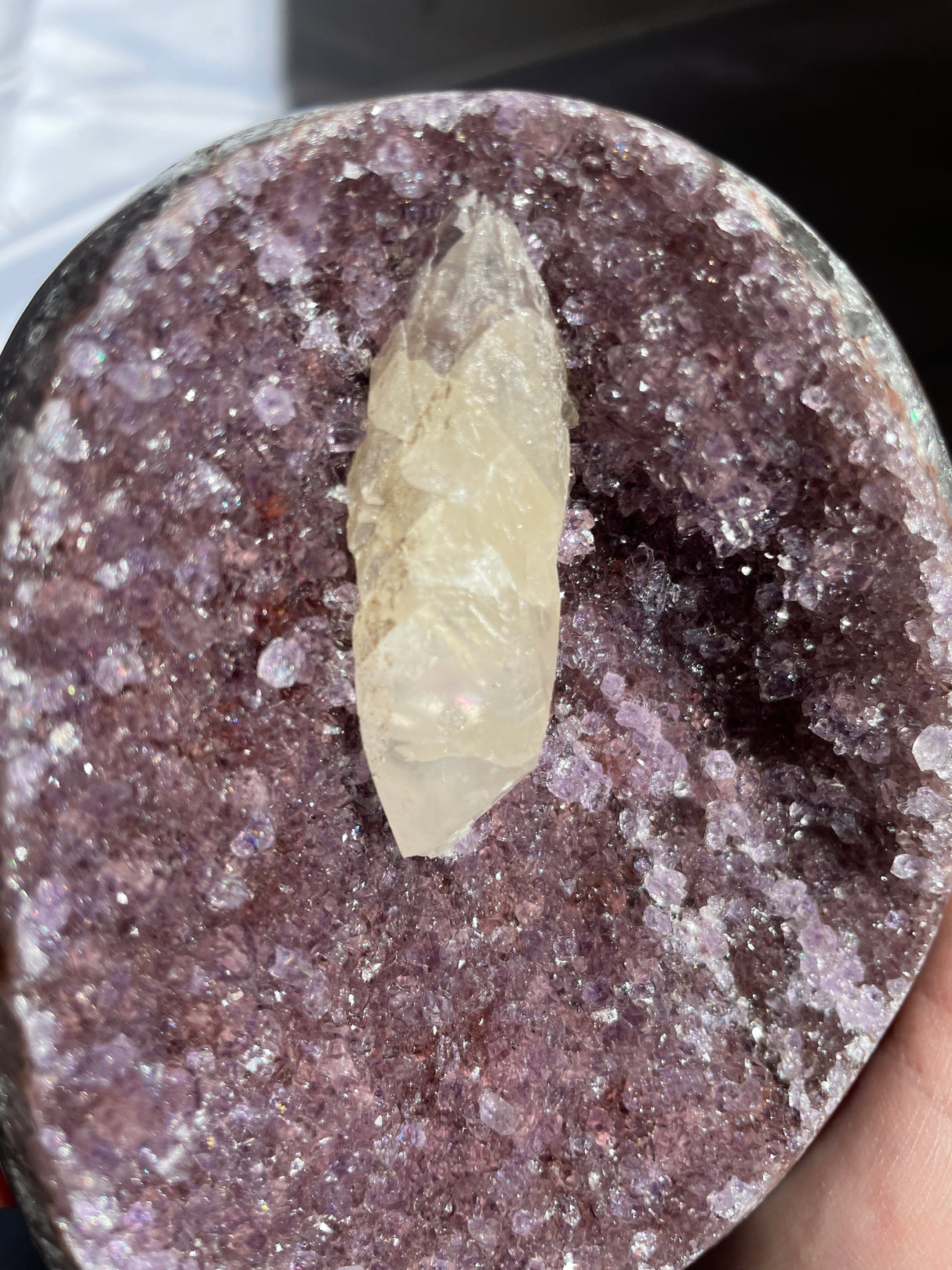 Purple Druzy Rainbow Uruguayan Amethyst Cut Base with Calcite Inclusion
