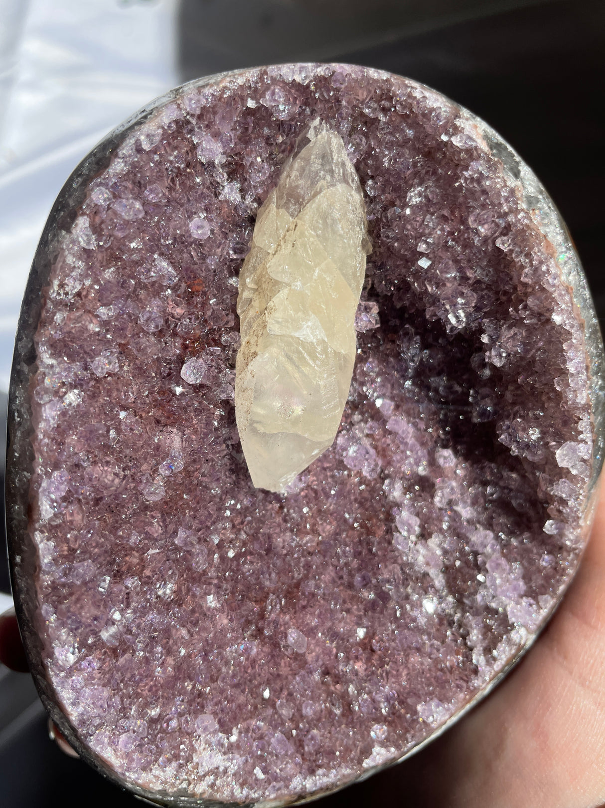 Purple Druzy Rainbow Uruguayan Amethyst Cut Base with Calcite Inclusion