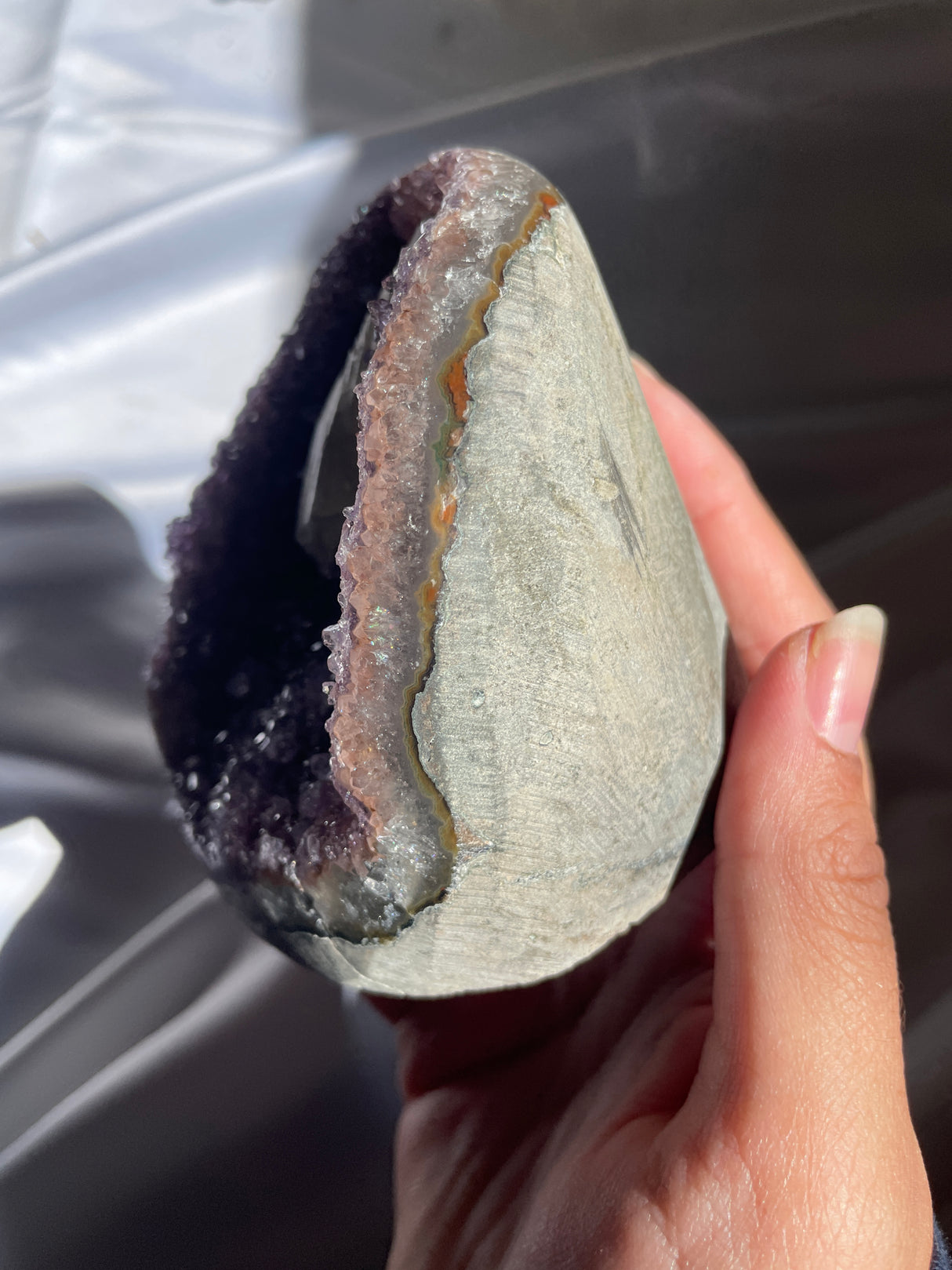 Purple Druzy Rainbow Uruguayan Amethyst Cut Base with Calcite Inclusion