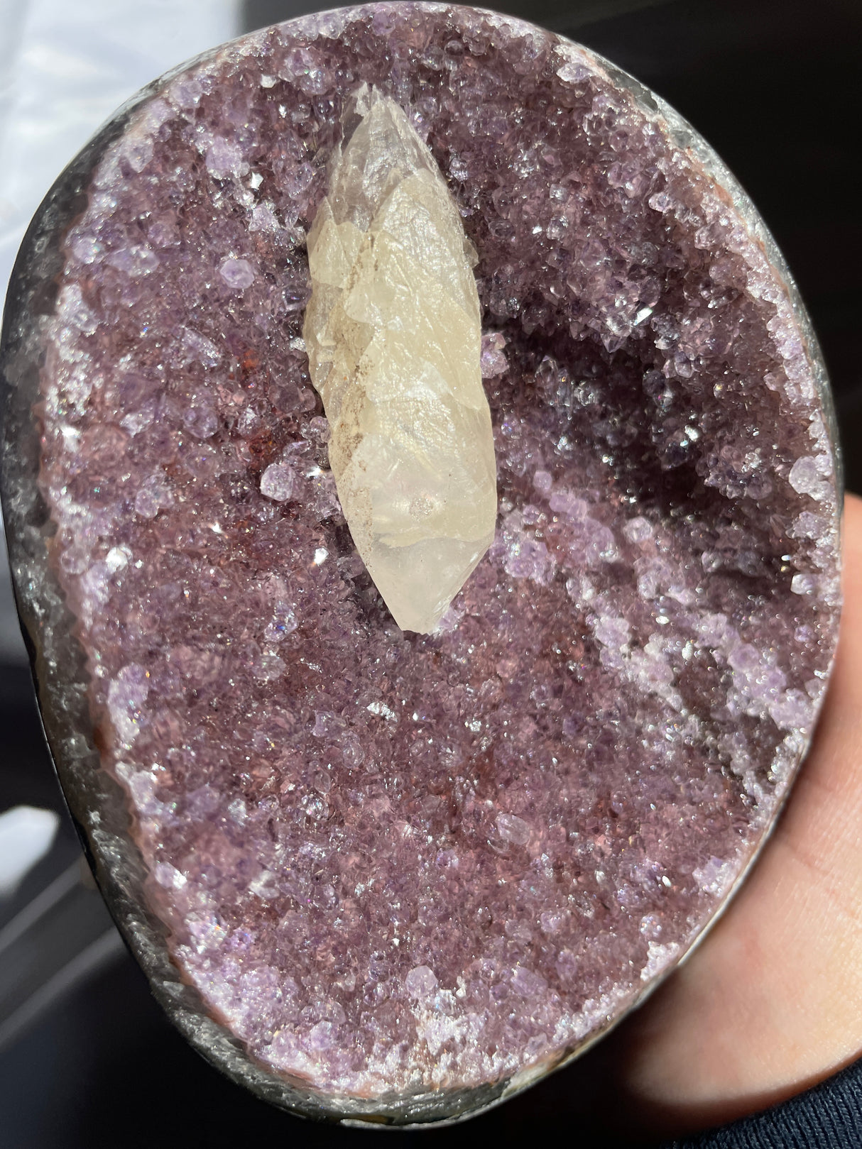 Purple Druzy Rainbow Uruguayan Amethyst Cut Base with Calcite Inclusion