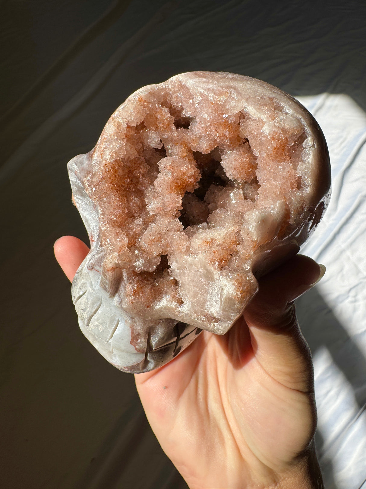 Hand Carved Druzy Pink Amethyst Skull