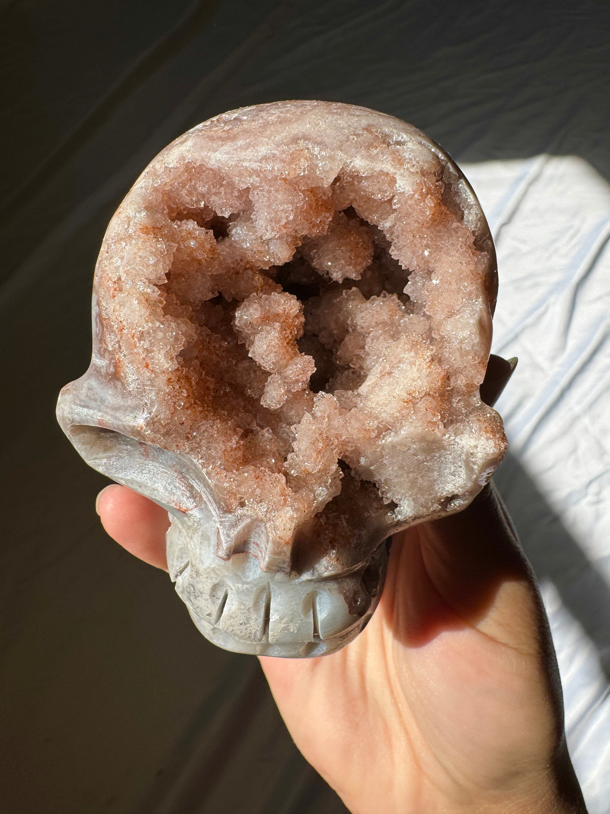 Hand Carved Druzy Pink Amethyst Skull