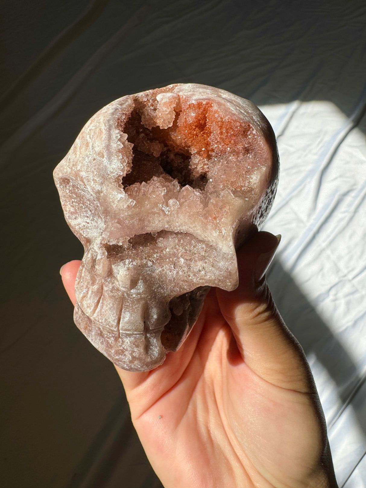 Hand Carved Druzy Pink Amethyst Skull