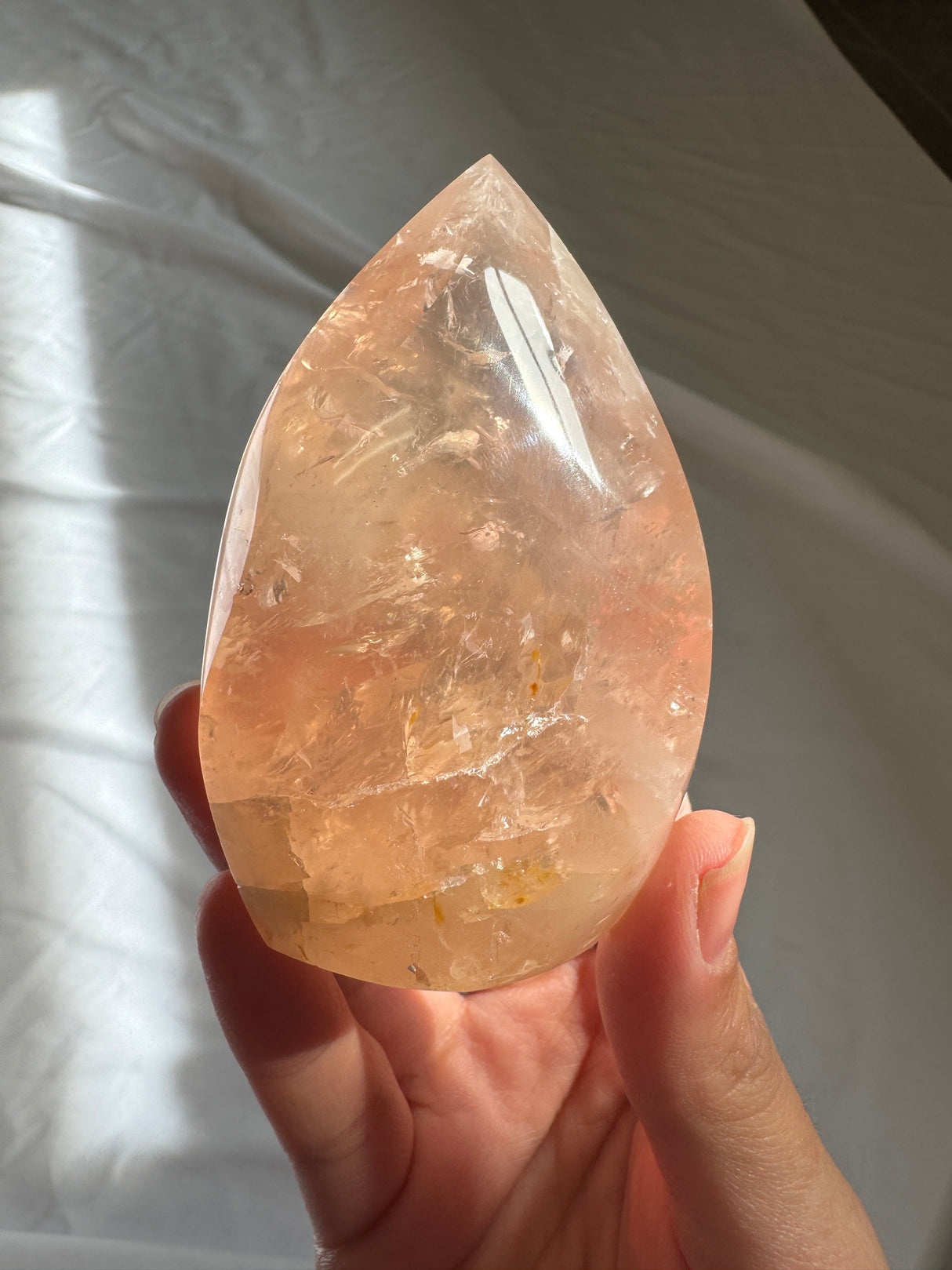 Gemmy Peach Rose Quartz Flame with Golden Healer