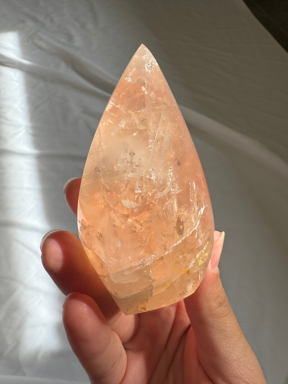 Gemmy Peach Rose Quartz Flame with Golden Healer