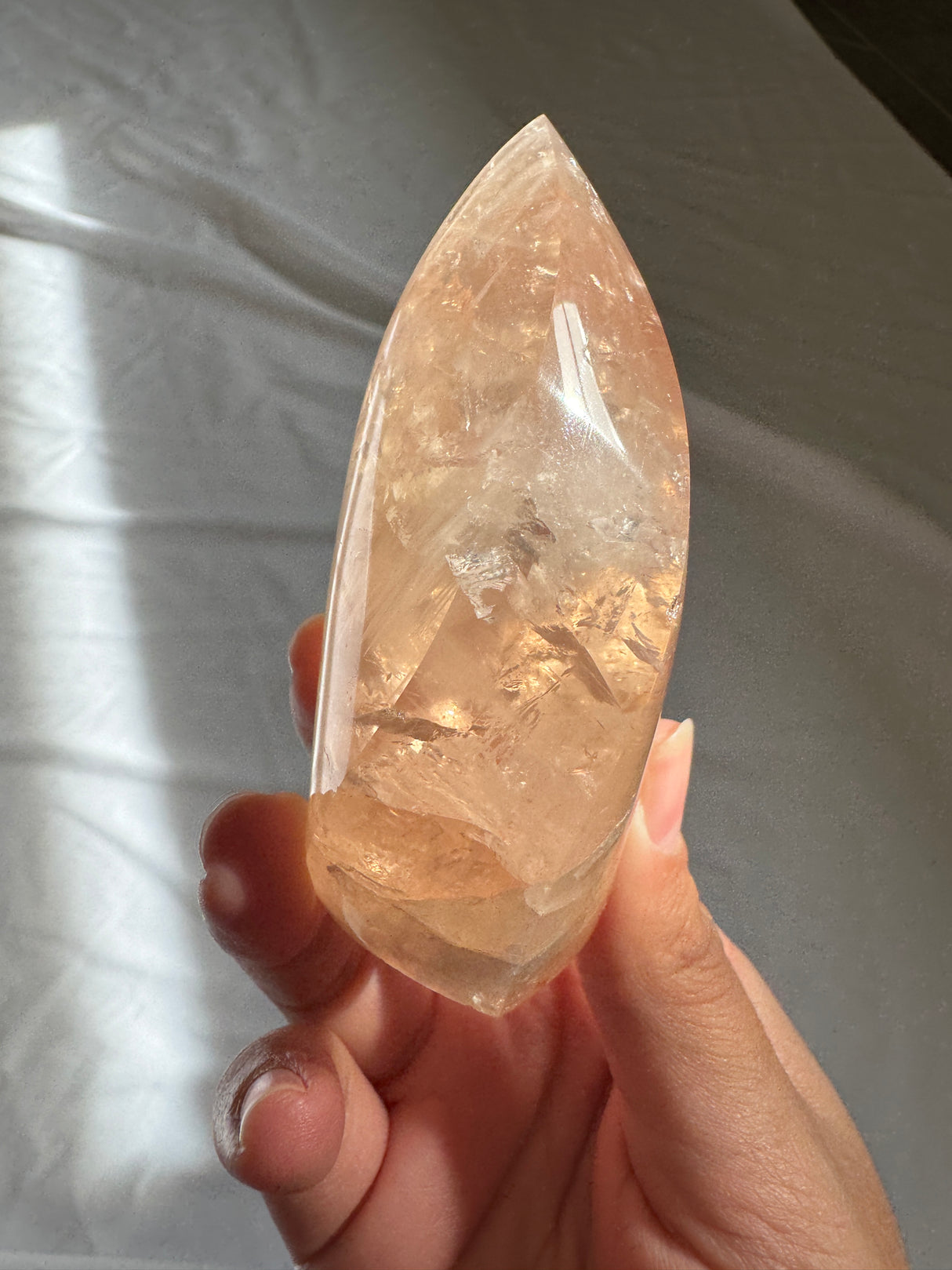 Gemmy Peach Rose Quartz Flame with Golden Healer