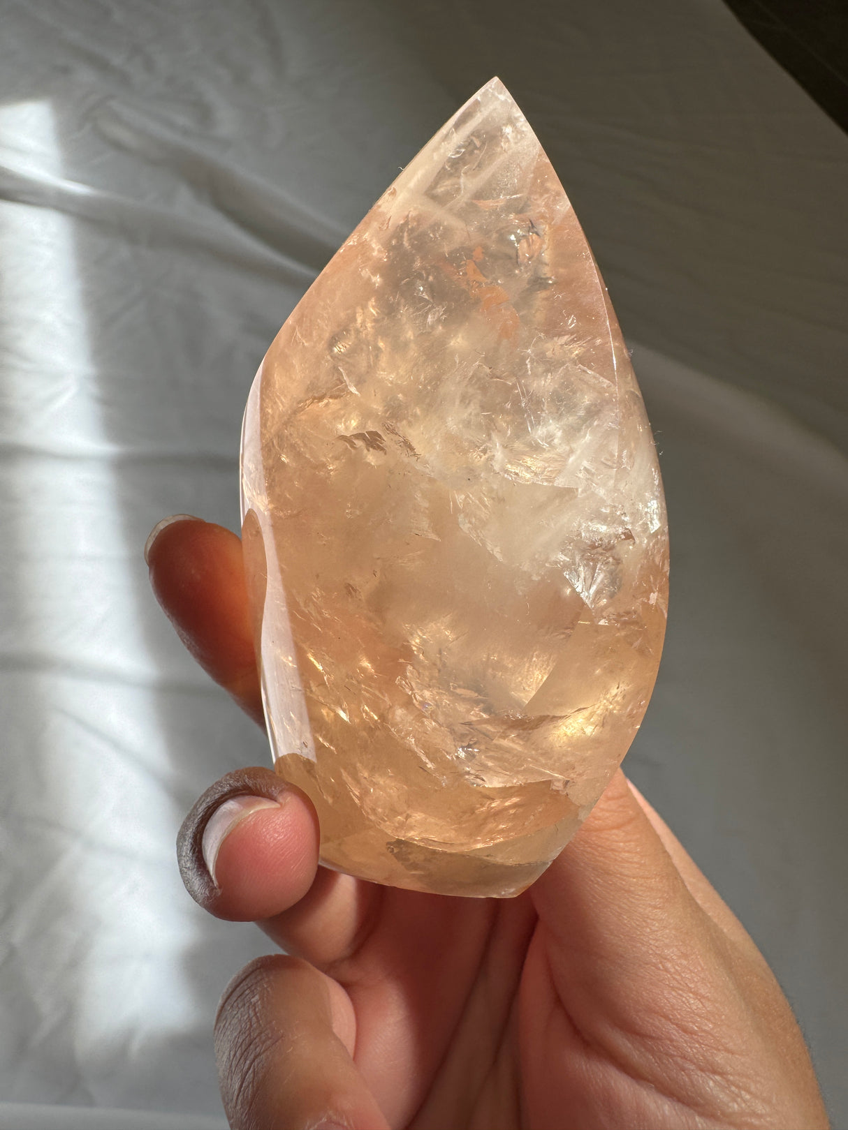 Gemmy Peach Rose Quartz Flame with Golden Healer