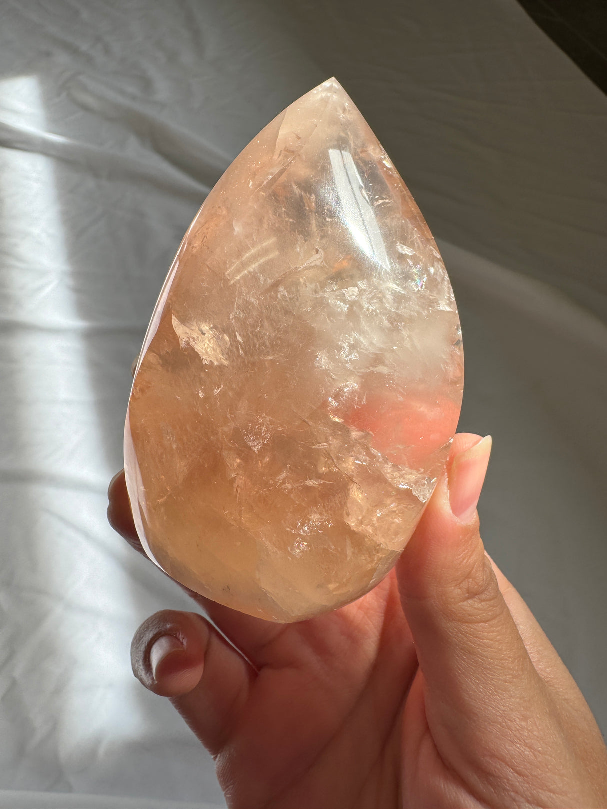 Gemmy Peach Rose Quartz Flame with Golden Healer