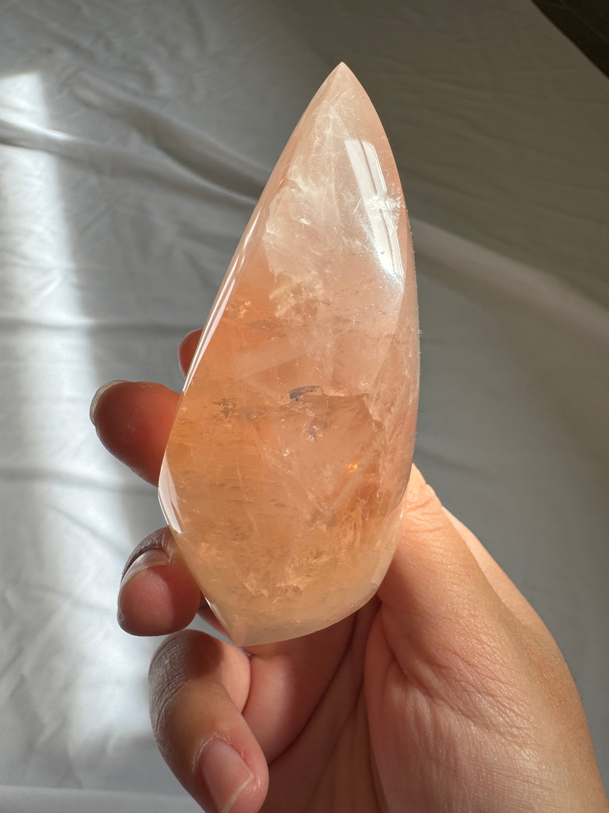 Gemmy Peach Rose Quartz Flame with Golden Healer